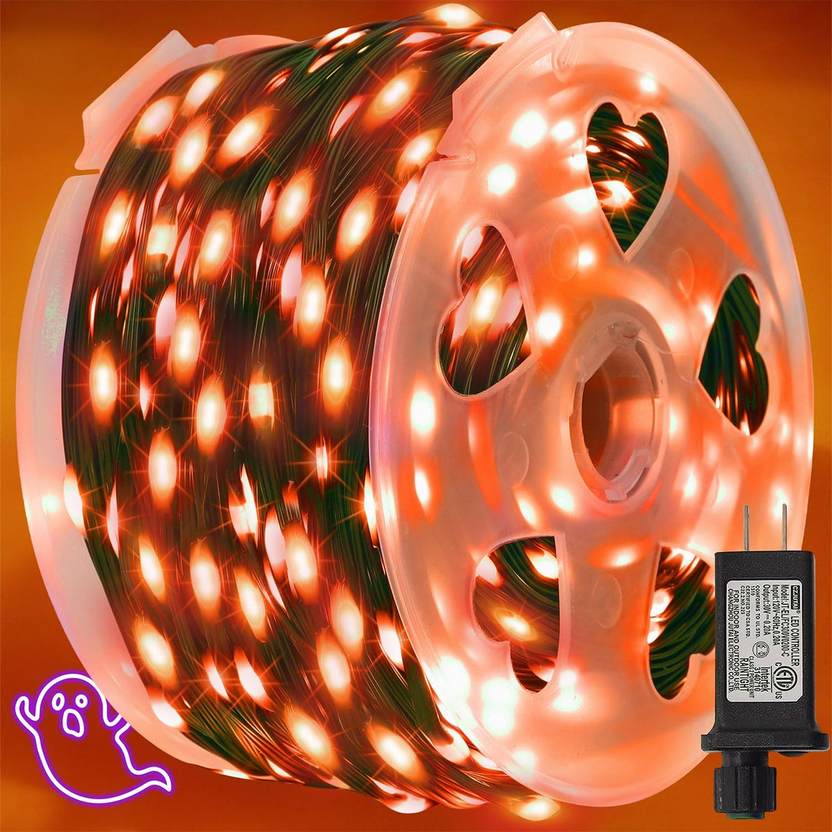 WATERGLIDE Extra Long 328 FT Halloween Lights, 1000 LED Outdoor Fairy String Light, Green PVC Copper Wire Christmas Lights, Plug in 8 Modes & Waterproof for Tree Party Home Yard Decor, Orange