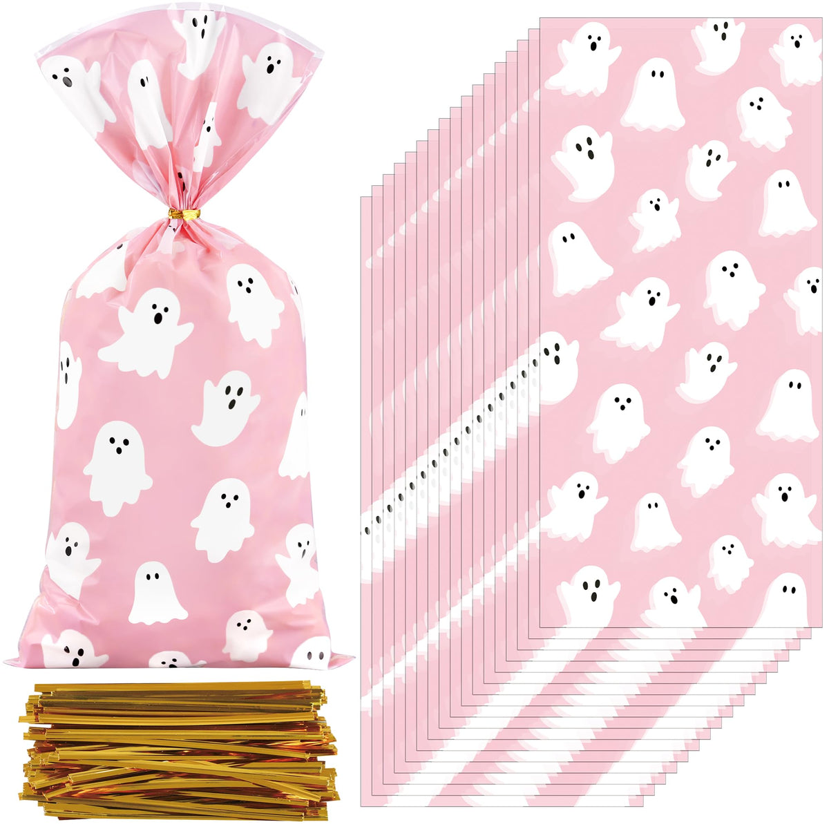 120 PCS Halloween Ghost Cellophane Treat Bags Halloween Pink Plastic Candy Bags Trick or Treat Ghosts Goodie Gift Bag with Twist Ties for Snacks Candy Packing Party Favor Goodies Wrapping Supplies
