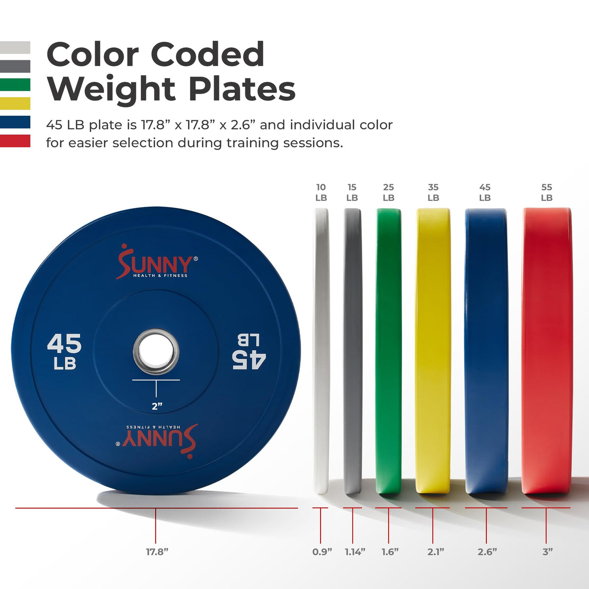 Sunny Health & Fitness Elite 2-Inch Rubber Olympic Bumper Weight Plate 10, 15, 25, 35, 45 & 55 LB w/ Steel Hub for Home Gym, Body Building, Strength Training, Barbell, Deadlifts, Weightlifting 45 POund (single)- SF-OP01-45
