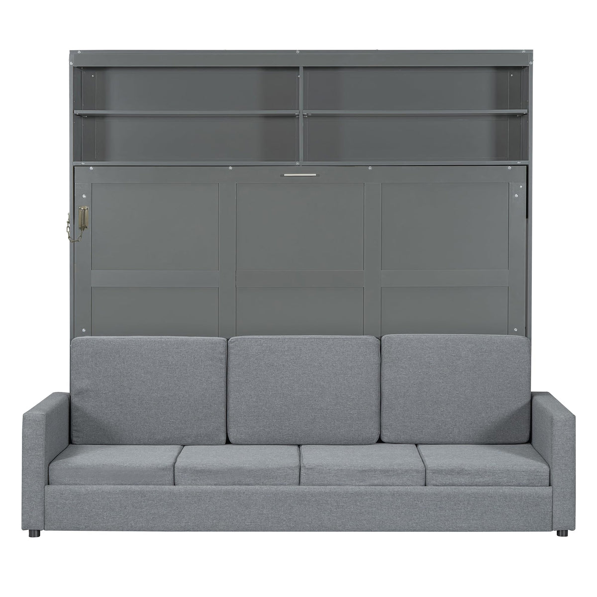 Merax Queen Size Murphy Cabinet Bed with Sofa, Wood Folding Murphy Bed with Open Shelves, Space-Saving Wall Bed for Guest Room and Home Office