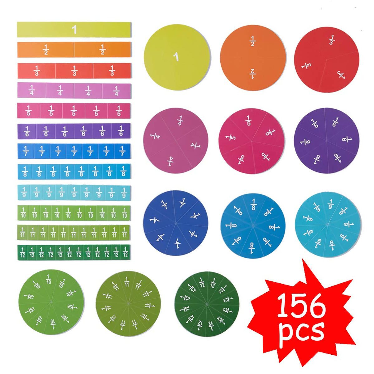 ZazzyKid Magnetic Fraction Tiles & Circles, 156pcs, 12 Color Coded, Fraction Manipulatives