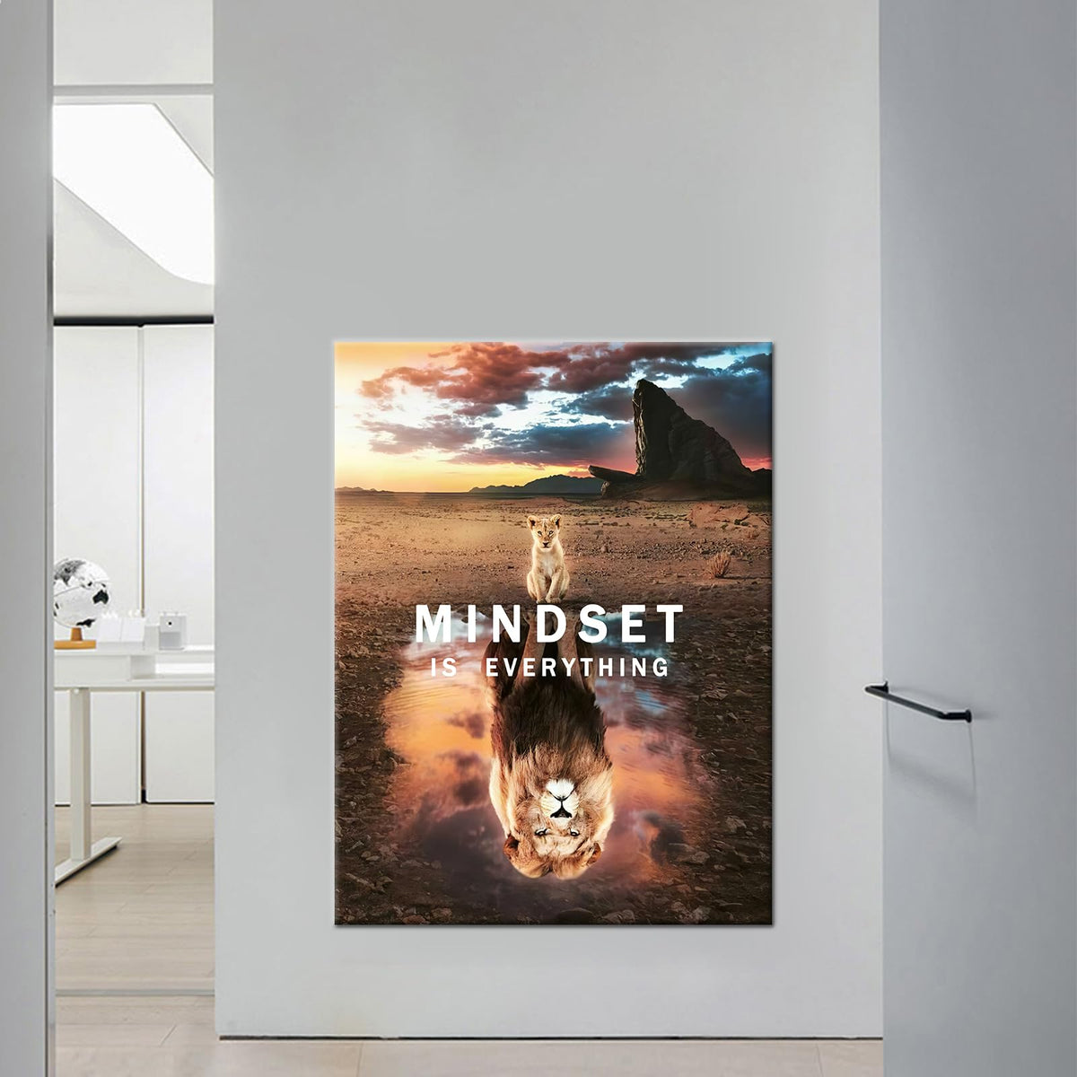 Motivational Canvas Wall Art Inspirational Poster Prints Mindset is Everything Small Cat Big Lions Picture Cute Animal Painting Framed Artwork for Home Office Decor Ready to Hang [30''W x 40''H]