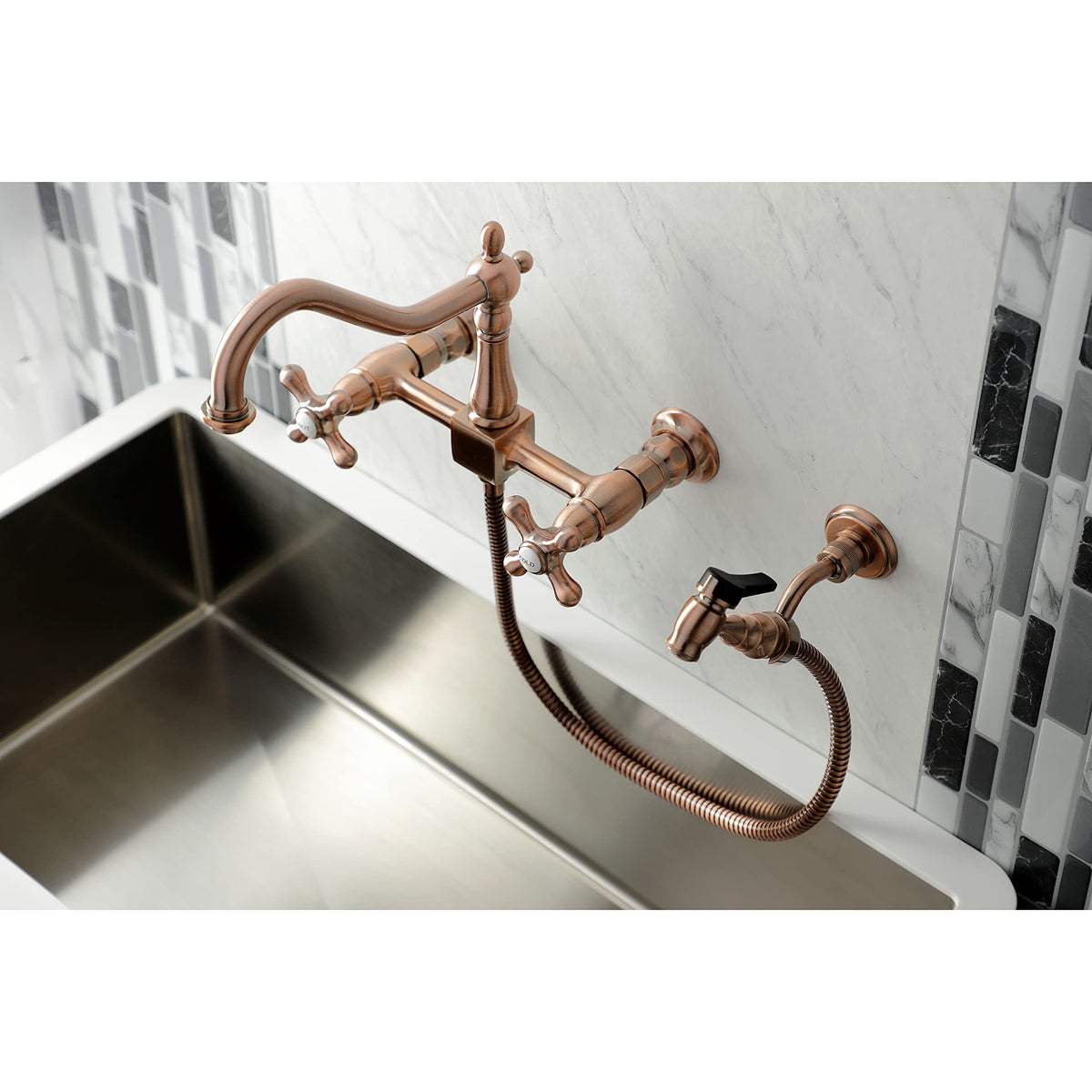 Kingston Brass KS124AXBSAC Heritage Wall Mount Bridge Kitchen Faucet with Brass Spray, Antique Copper