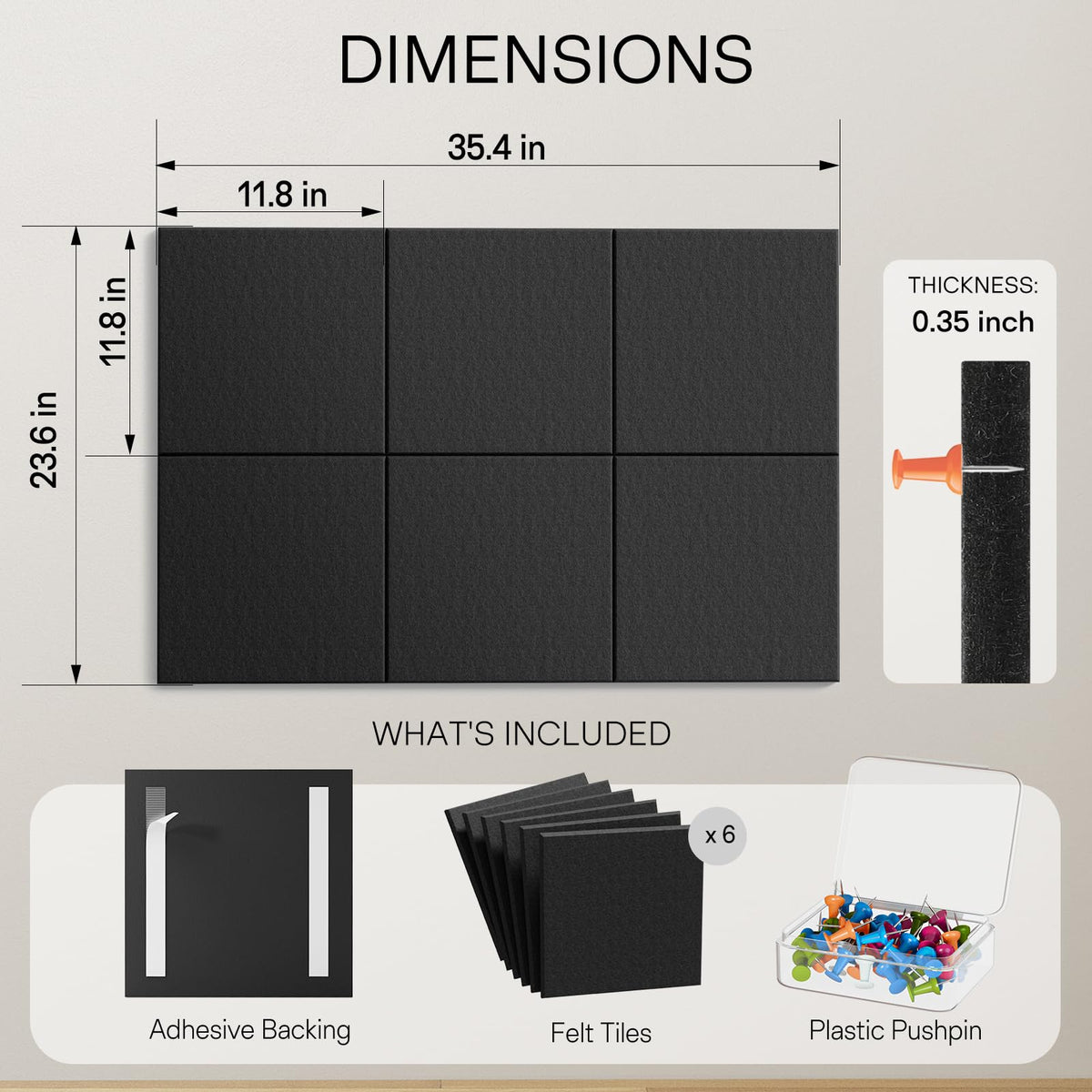 MaxGear Large Felt Bulletin Board 36" x 24", Cork Board Alternative, 6 Pack Black Felt Wall Tiles with Push Pins, Cork Boards for Walls Pin Board for Office & HomePanels