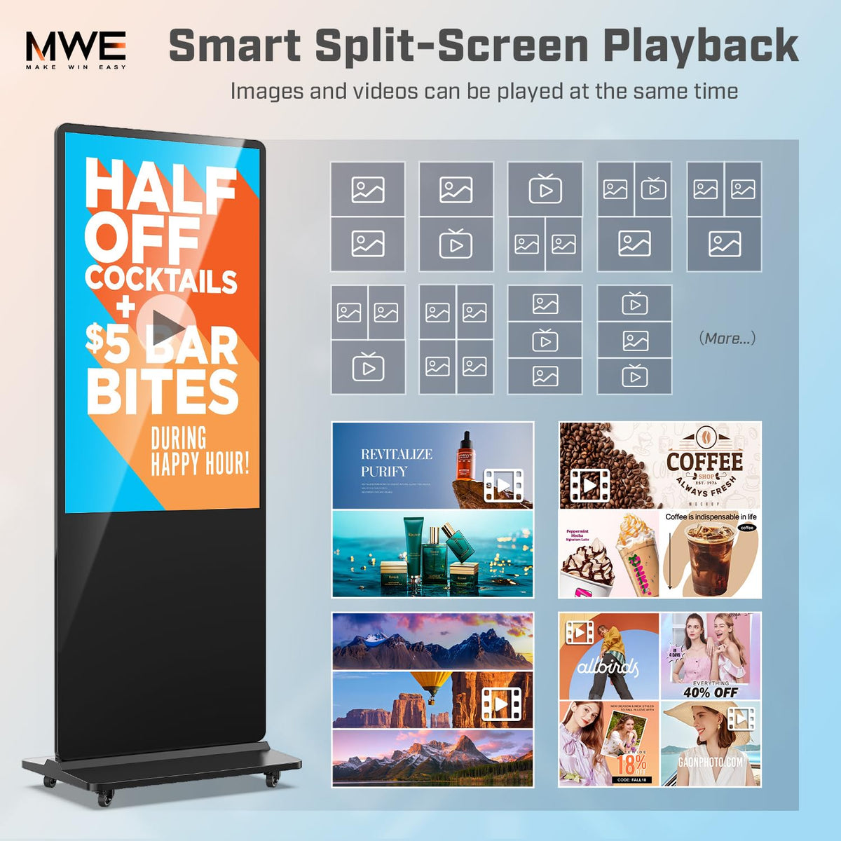 QIXZOCV MWE 49 Inch Indoor Floor Standing Digital Signage Advertising Display Kiosk LCD Screen Commercial Totem Android System Vertical Poster with Auto Media Player