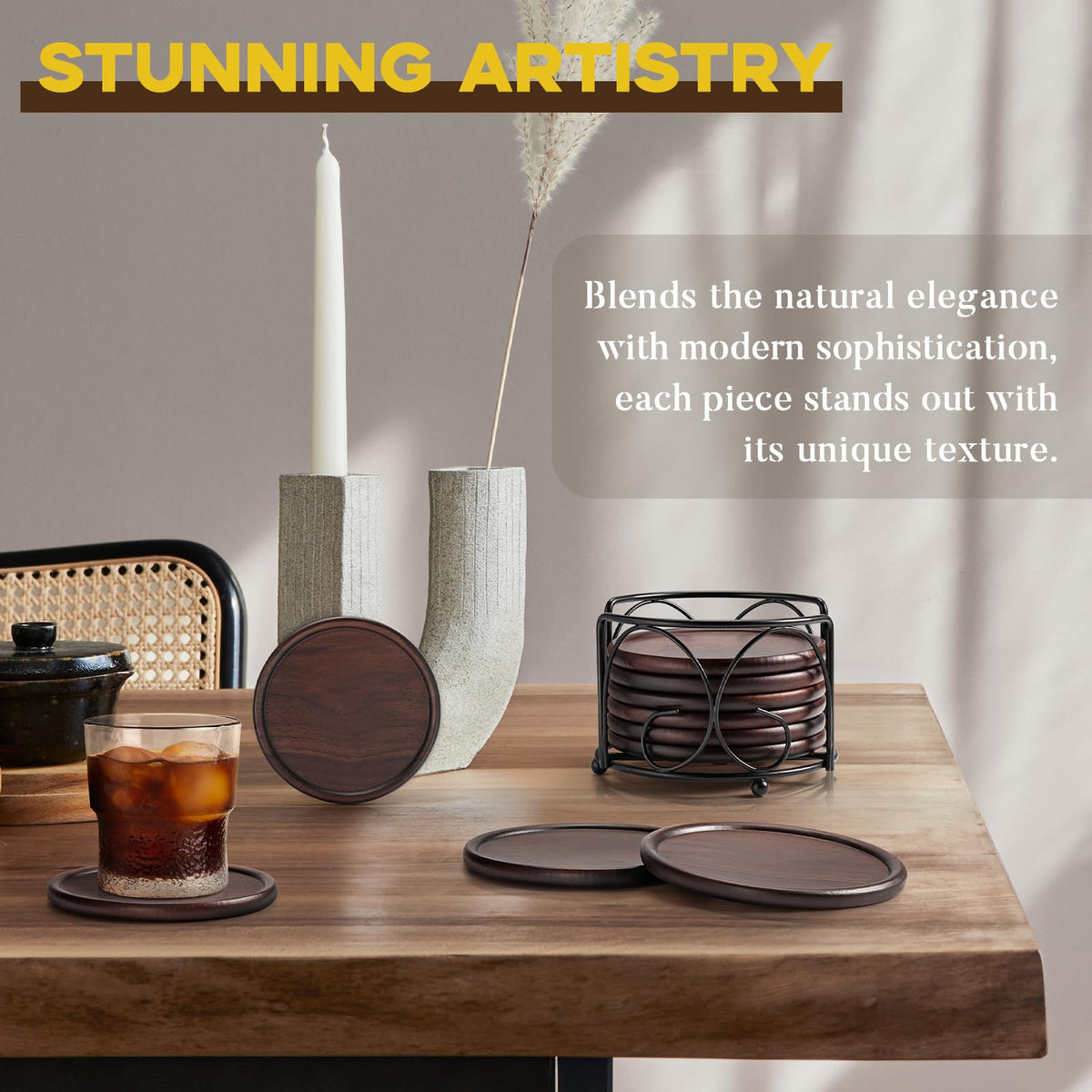 Wood Coasters with Metal Holder, GOH DODD Set of 6 Walnut Wooden Coaster Tabletop Protection for Drinks Coffee Table Home Kitchen Office Bar Living Room Decor Housewarming Gifts Wedding Party, 4 Inch