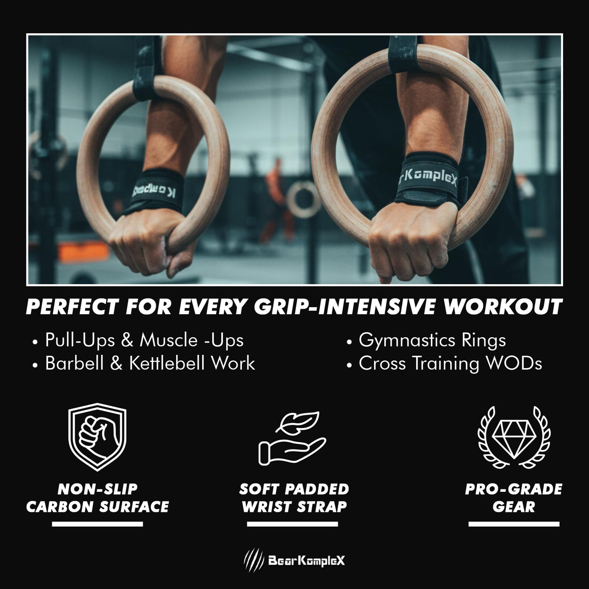 Bear KompleX - Premium Hand Grips for Fitness & Gymnastics, No-Slip Pull Up Grips for Weight Lifting, Strength Training, and Bar Work, Palm Protection with Padded Wrists, Carbon No-Hole Design - Large