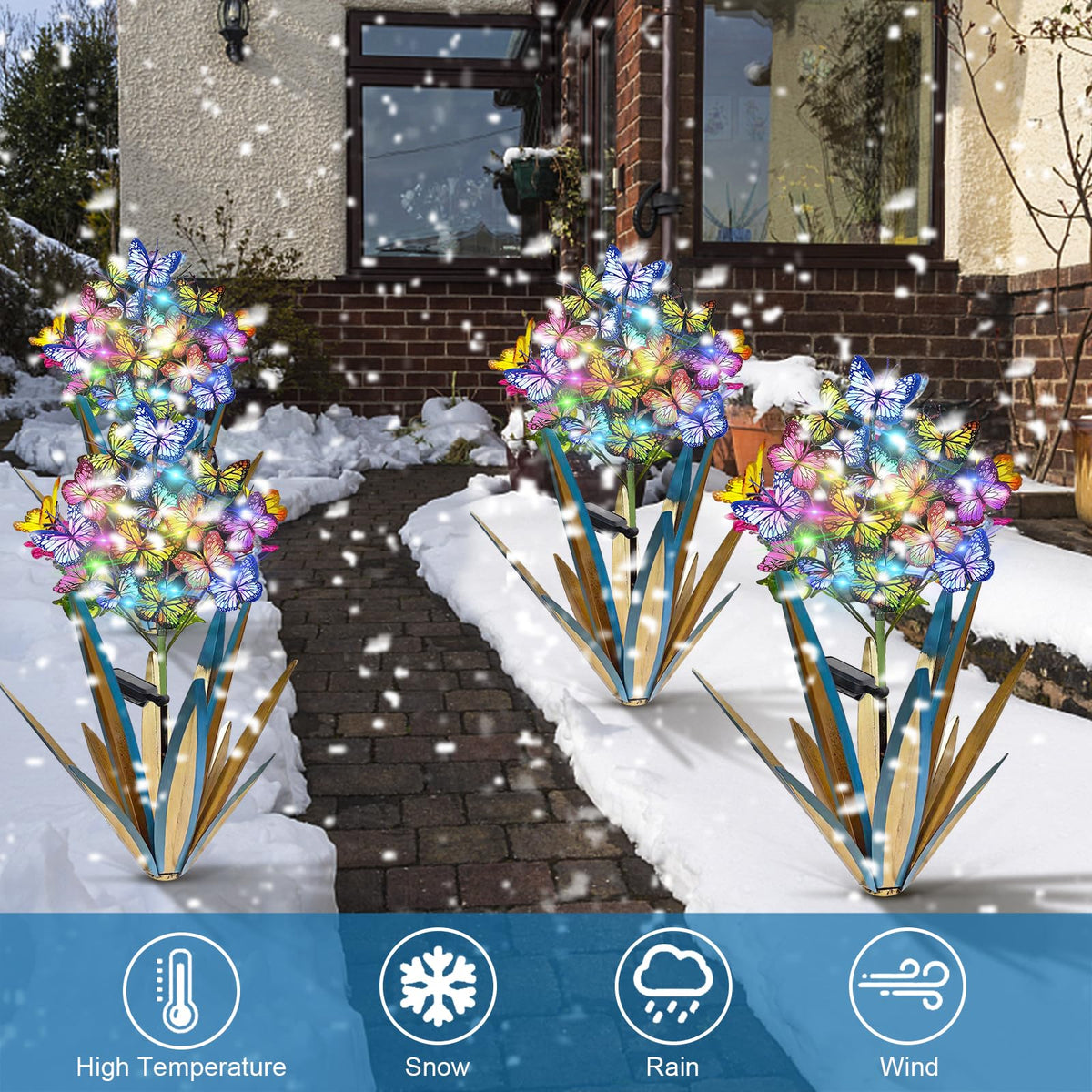 Homight Solar Metal Agave Butterfly Flower Stick Garden Sculpture - Outdoor Christmas Lights With Swaying Butterfly Sunflower - Solar Outdoor Gift (3 PCS Blue)