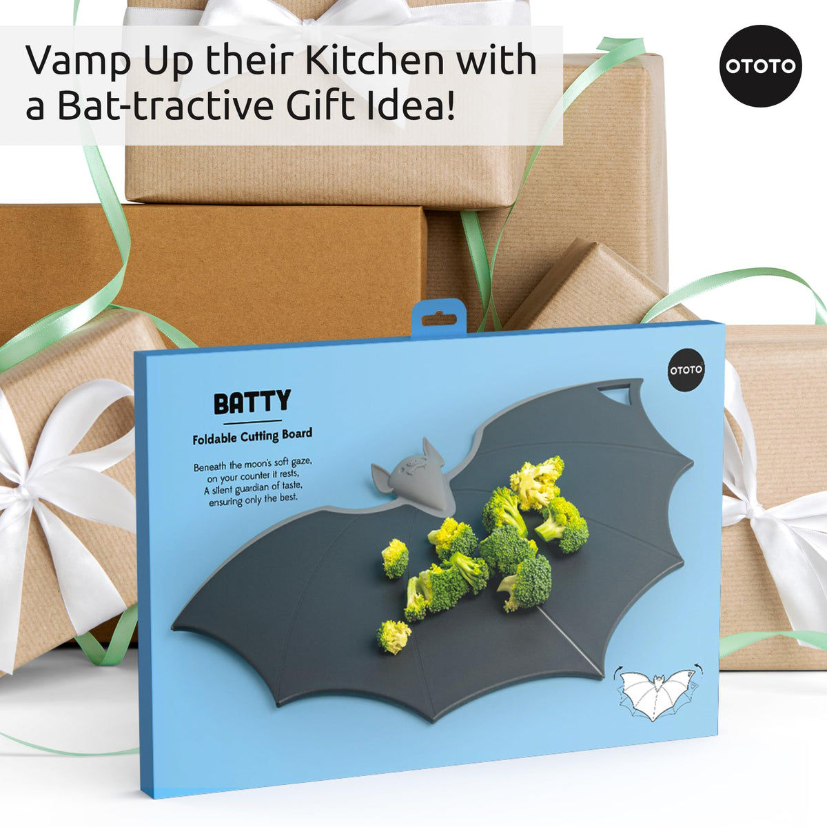 OTOTO Cutting Board - Wooden & Plastic Cutting Boards for Kitchen, Fun & Spooky Kitchen Gadgets, Housewarming & Goth Gifts, Dishwasher Safe (Bat, Plastic)