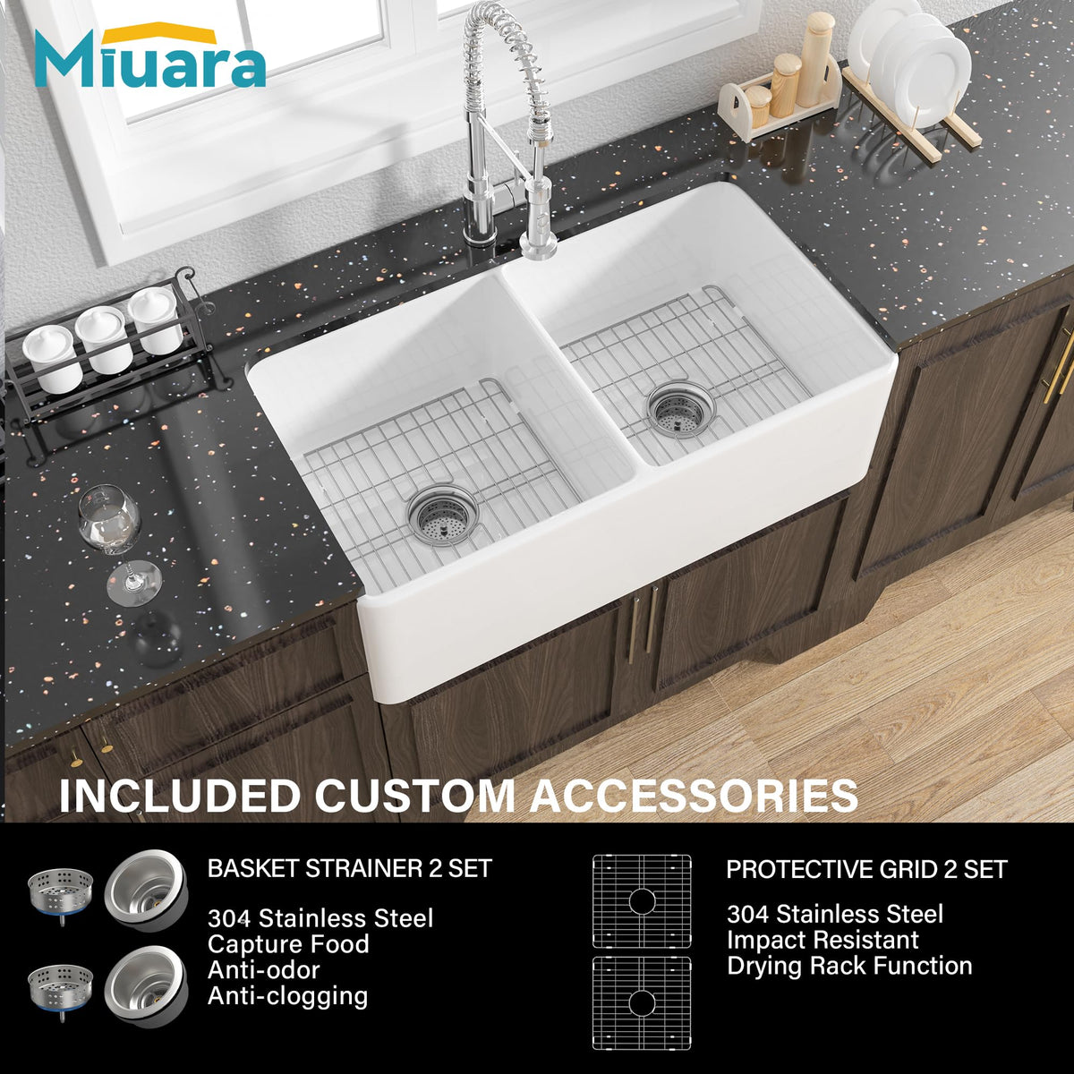 Miuara Farmhouse Sink Double Bowl 33 Inch - White Apron Front Kitchen Sink Reversible 33"x18", Undermount Farm House﻿ Style Dual Basin 50/50, Heavy Duty Solid Fireclay, for Kitchen