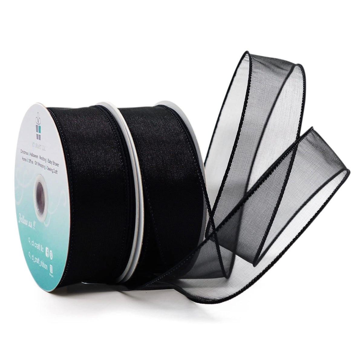 CT CRAFT LLC Sheer Organza Wired Ribbon 1.5" x 25 Yards x 2 Rolls Black for Wedding Chair Bow Flora Bouquet Gift Wrapping Christmas Tree Home Decor Wreath