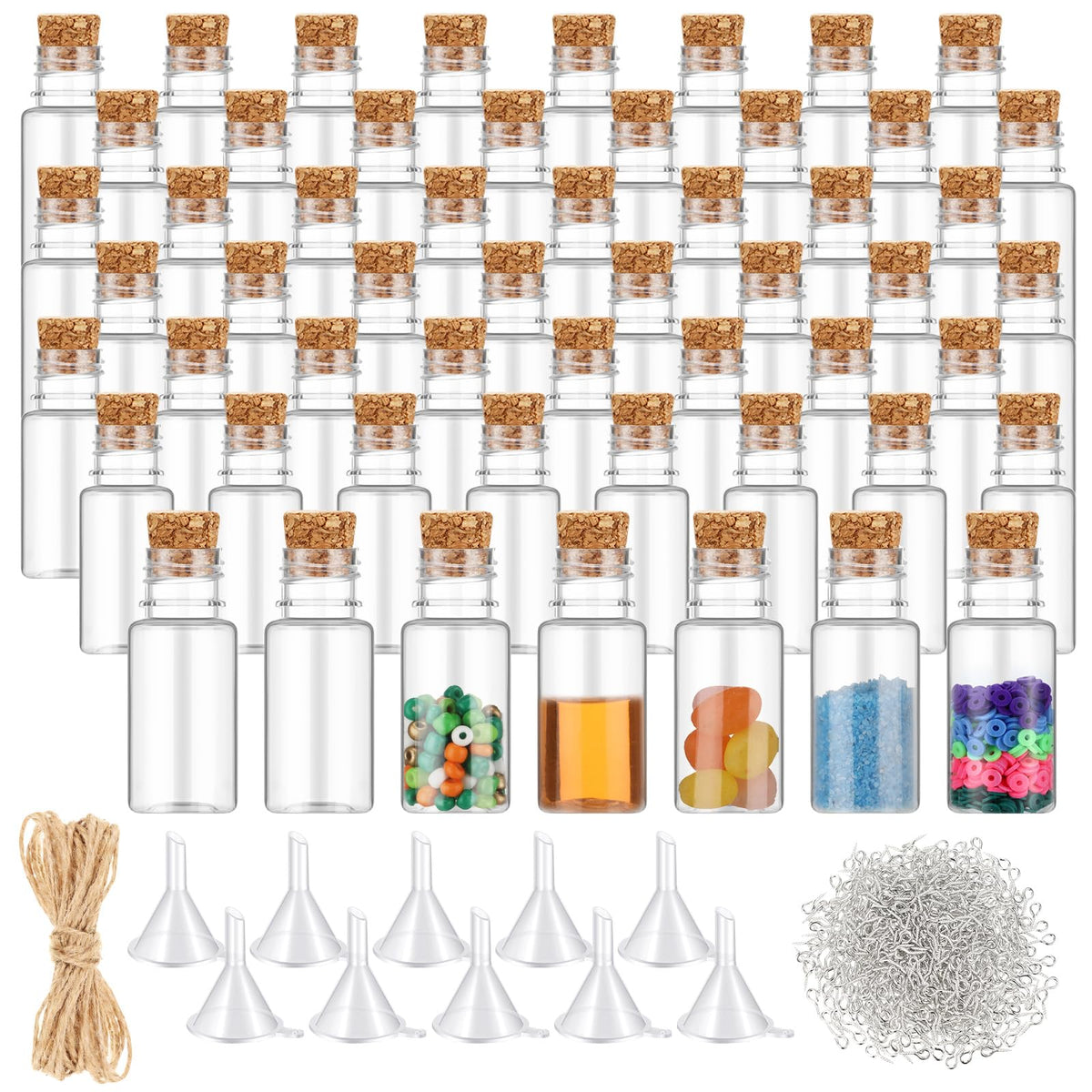 Bokon 50 Packs Mini Plastic Bottles with Corks Stoppers Eye Screws Funnels Small Potion Bottles Tiny Clear Sand Art Jar Wishing Vial for Birthday Party DIY Crafts Gift (1 x 2.28 Inch)