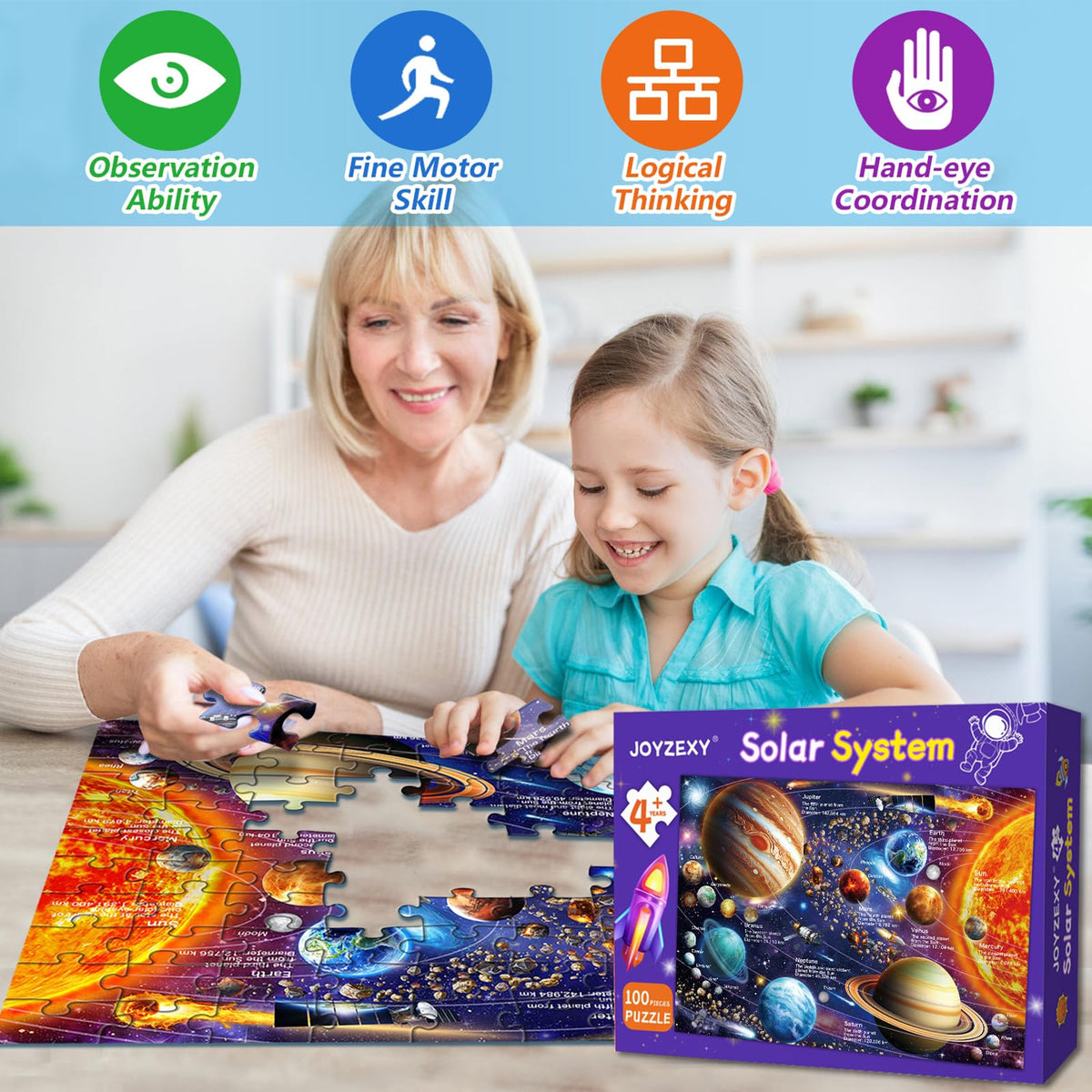 JOYZEXY 100 Piece Puzzles for Kids Ages 6-8-10, Solar System Puzzles 100 Pieces for Kids Science Educational Space Planet Puzzle Toys for Kids 6, 7, 8-10 Boys Girls