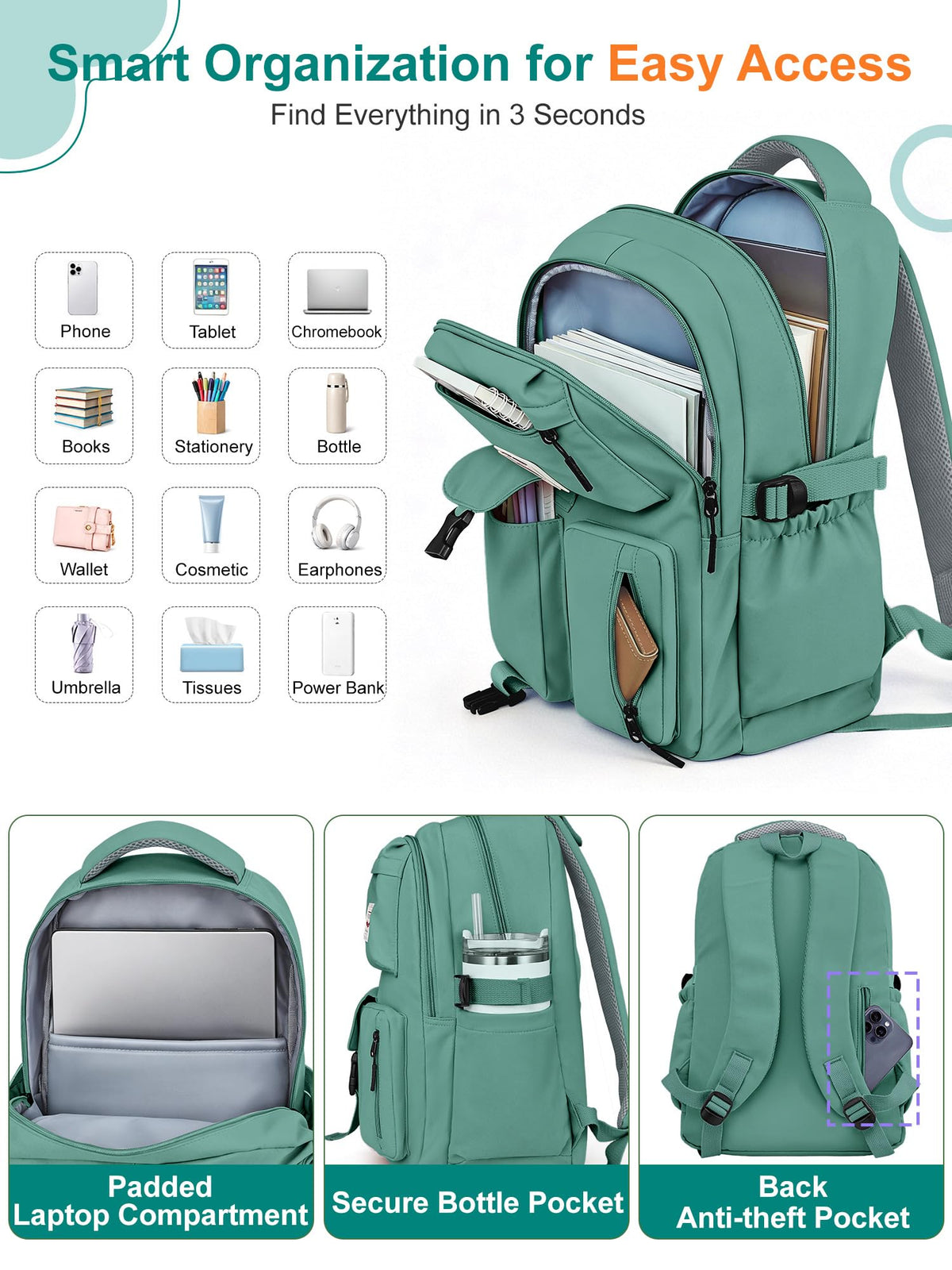FIORETTO School Backpack for Teen Girls & Women with Compartment, Lightweight School Bag Bookbag with Multiple Pockets, Ideal for Middle High School, College, Travel, Dark Green 25L