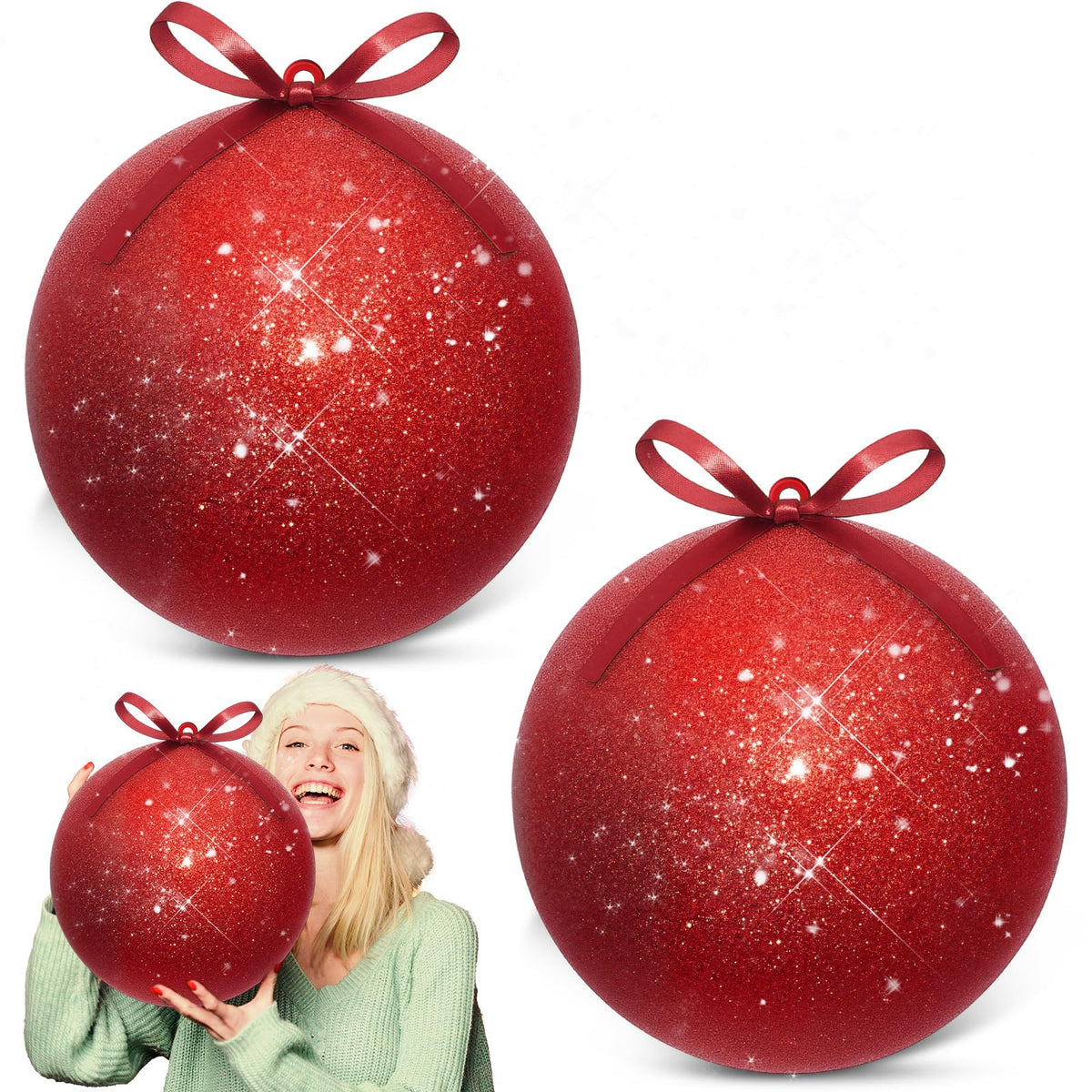Zubebe 2 Pcs 8" Giant Fillable Christmas Ornaments with Ribbons Oversized Plastic Xmas Balls for Outdoor Lawn Yard Decor, Tree Hanging, Holiday Gifts(Glitter Red)