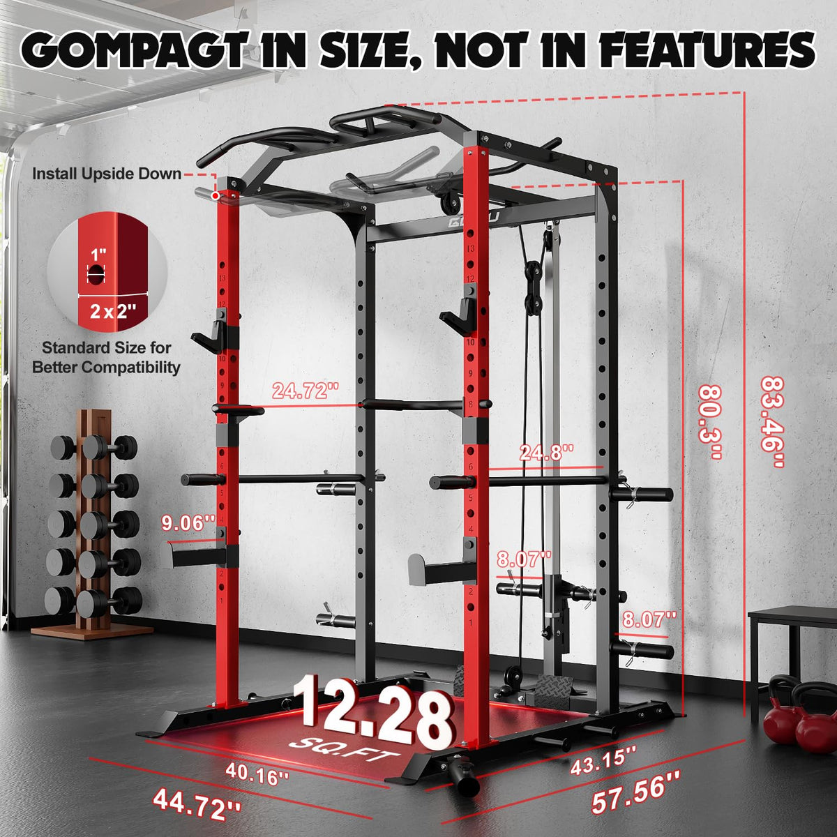 Goimu C1-V4 Power Cage, 2000LBS Squat Rack with LAT Pulldown, Multi-Function Weight Cage Strength Training Machine, Workout Cage with More Attachments for Home Gym Garage (RD Power Cage C1)