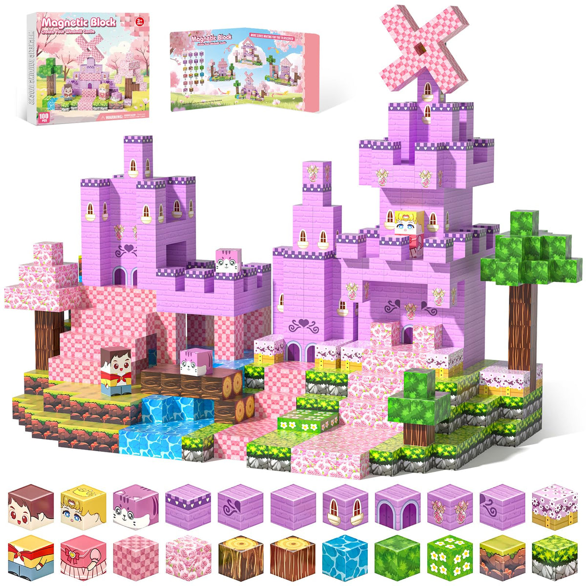 Gryxpox Magnetic Blocks, Magnetic Building Blocks 100pcs, STEM Sensory Toys with Princess Castle Build–Creative Magnet Tiles for Toddlers Ages 3+, Boys & Girls–Christmas Birthday Party Kids Gifts