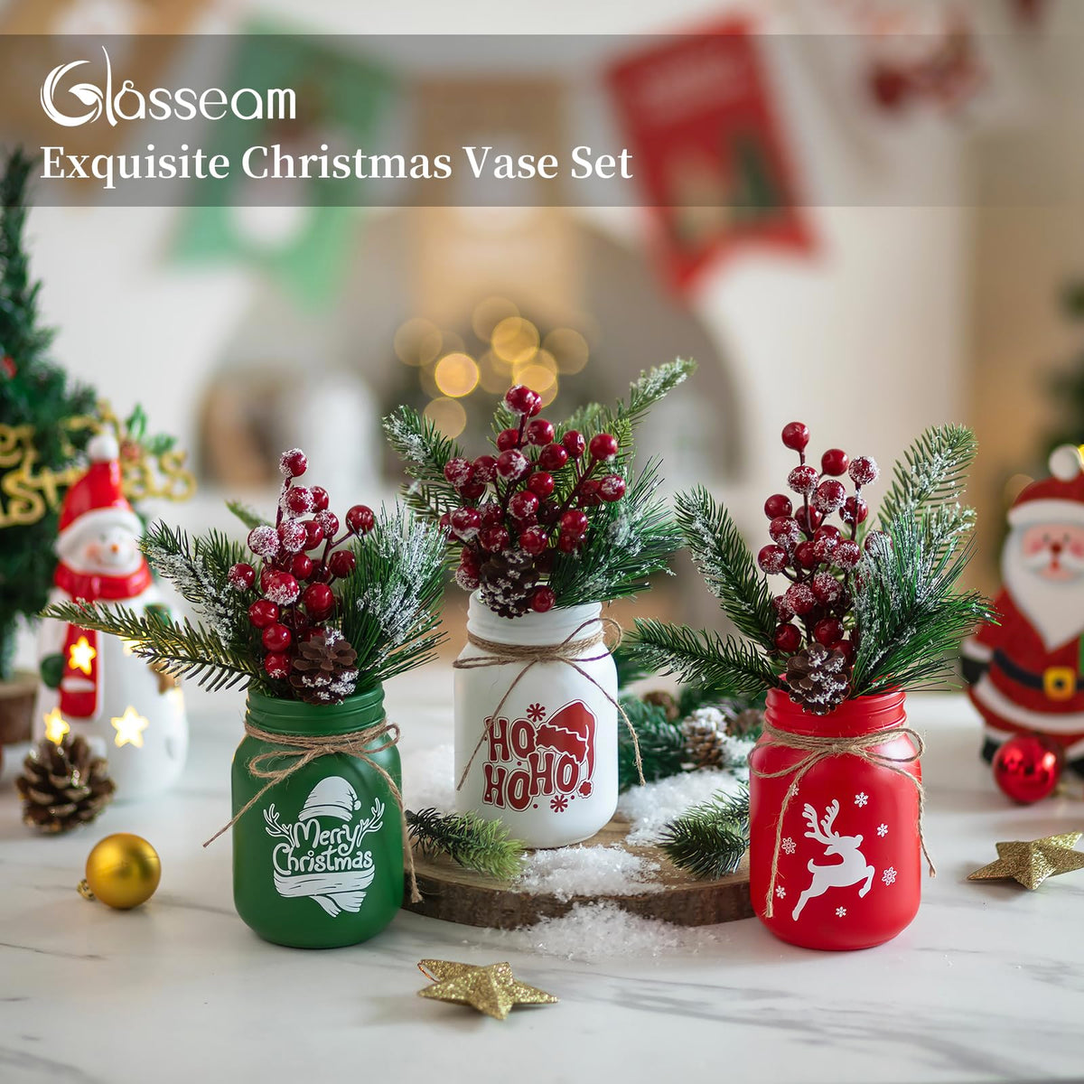 Glasseam Christmas Vases for Table Centerpiece: 3pcs Christmas Decorations Mason Jar with Artificial Flowers - Glass Flower Vases Set for Indoor Fireplace Mantle Home Decor