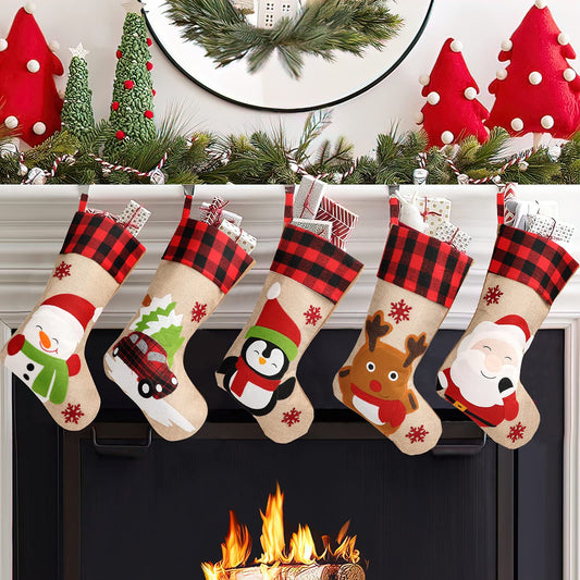 Christmas Stockings 5 Pack, 18'' Large Christmas Stockings with Santa Snowman Gnomes Pattern,Classic Buffalo Plaid Cuff,Xmas Ornaments for Family Stairs Fireplace Tree Hanging