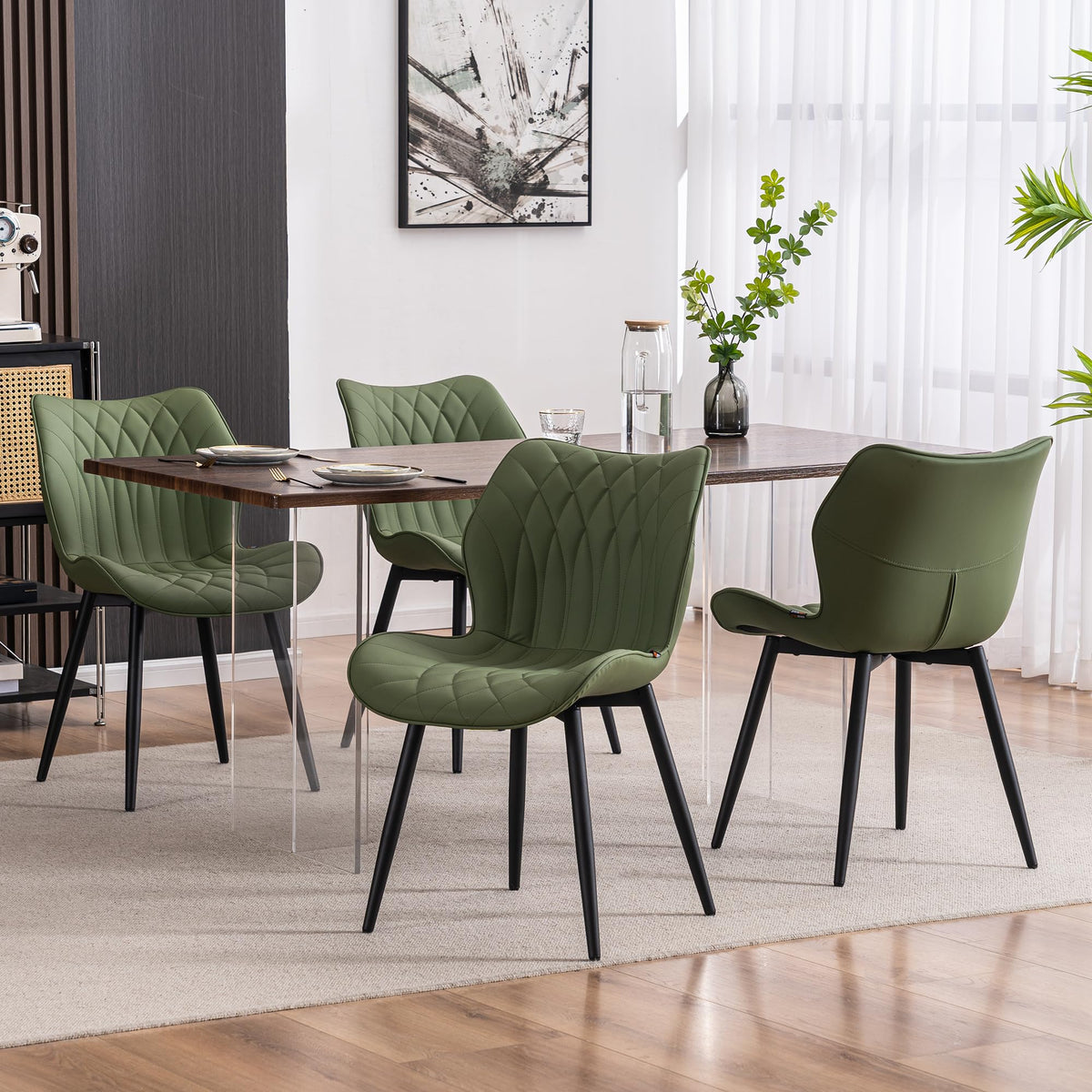 Kidol & Shellder Dining Chairs Set of 2, PU Leather Upholstered Kitchen Chairs with Back Armless, Mid Century Modern Side Chair for Dining Room, Living Room, Lounge, Restaurant, Bean Green