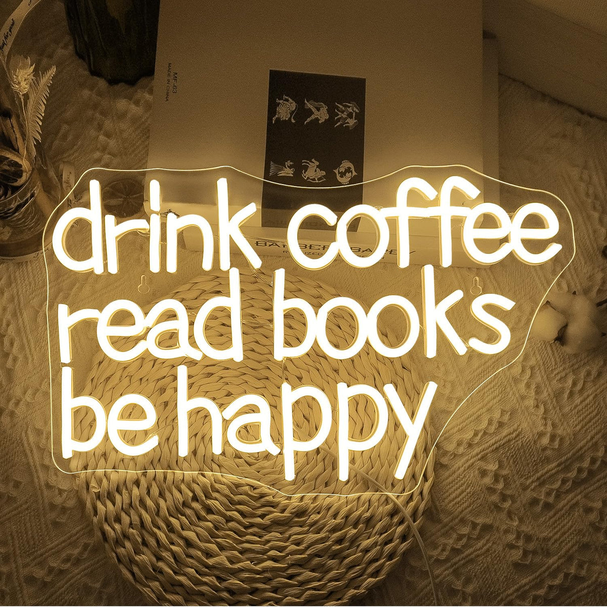 Looklight Drink Coffee Read Books Be Happy Neon Sign Warm White Read Books Led Neon Light for Wall Decor Dimmable USB Neon Light Up Signs for Classroom Coffee Shop Bookstore Library Museum Study Room