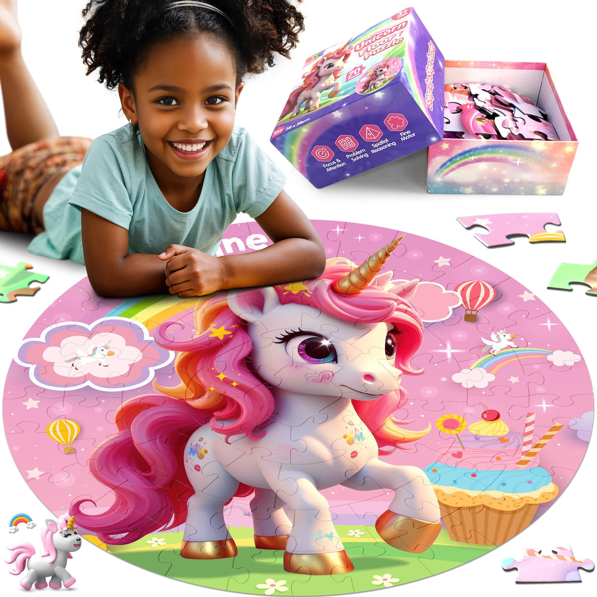 ZIZZ Unicorn Toy for Girls Kids - Best 70 Pieces Unicorn Floor Puzzle for Kids Age 3 4 5 6 7 8 Years Old Girls Learning & Educational Toys Toddlers Gifts for Birthday Easter Basket Stuffers Activity