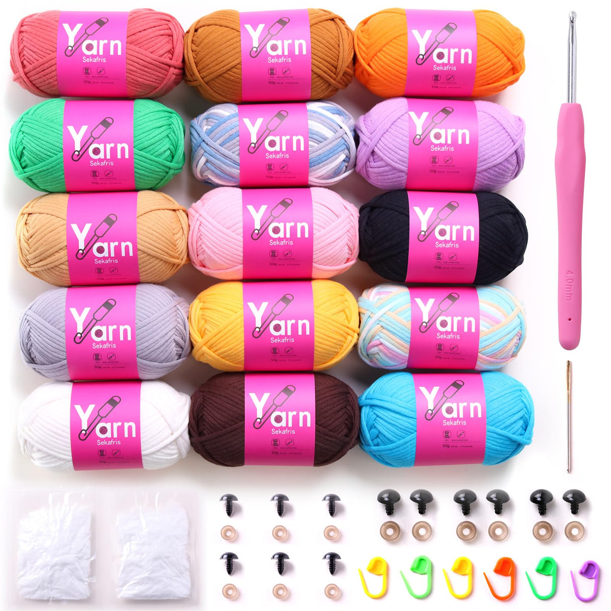 Sekafris 15 Pack Crochet Yarn Beginner - Black, White, Orange, Red, Green, Pink, Yellow Cotton Chunky Yarn - Easy-to-See Stitches for Crocheting (15 * 50g)