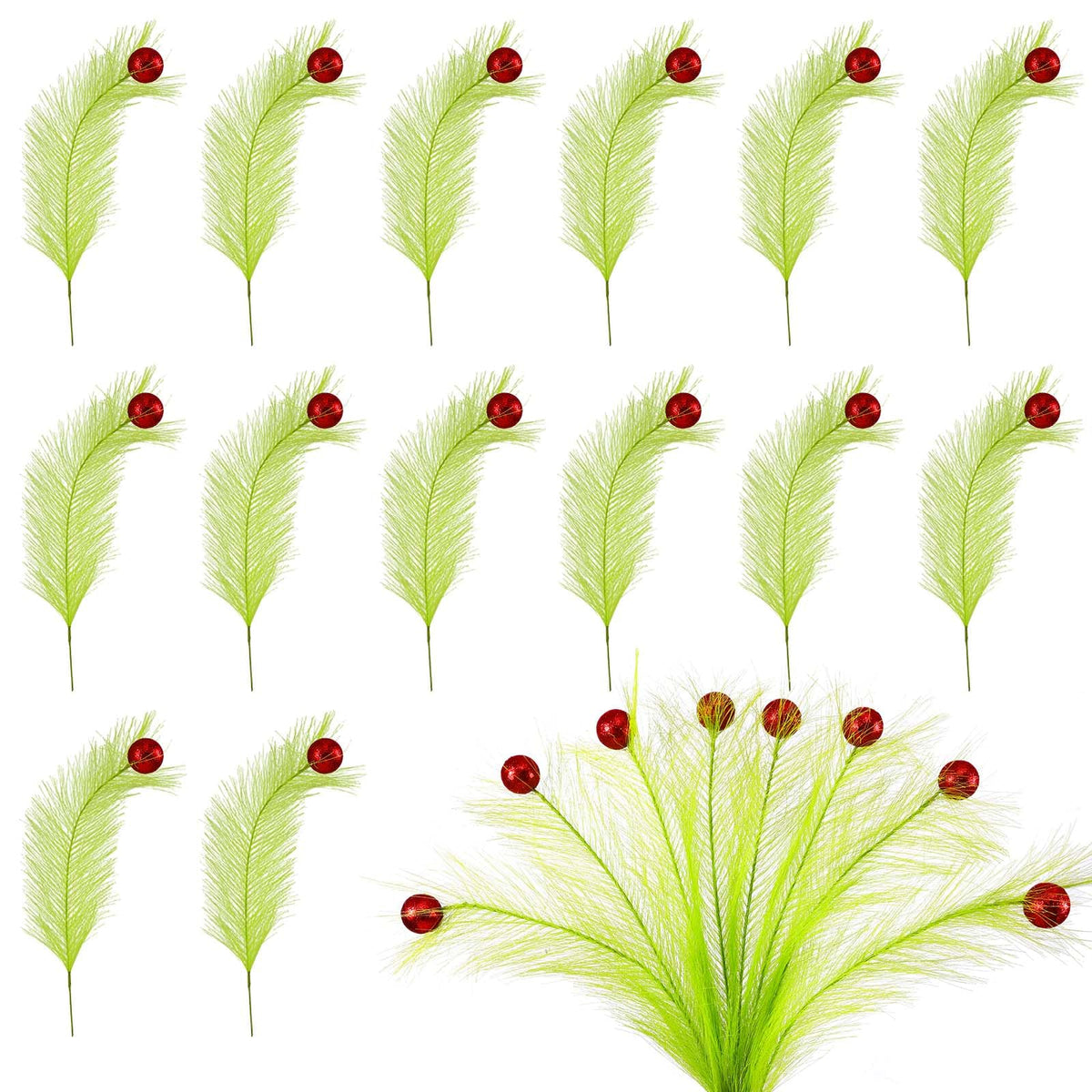 Hananona 30pcs 15" Christmas Picks and Sprays Christmas Tree Filler Green Curly Greenery Stems with Red Ball Xmas Artificial Stems for CraftsTree Decor, Vase Fillers, Home Decorations (30, Green)
