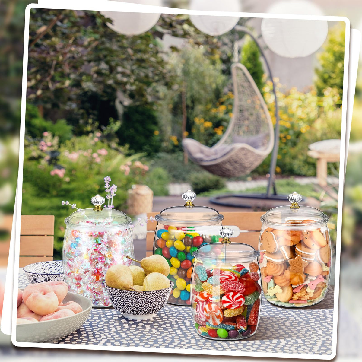Nuogo 4 Pcs Plastic Candy and Cookie Jars with Lids Clear Cookie Container Candy Jars Large Airtight Apothecary Storage Organization for Wedding Home Kitchen Bar(128 oz)