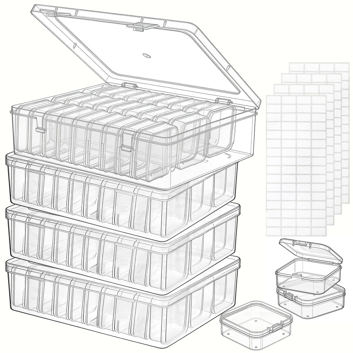 124 Pack Bead Organizer Box (4 Large Boxes and 120 Small Boxes), Jewelry Organizers and Storage with 256 Stickers, Suitable for Home and Office Storage of Handicrafts