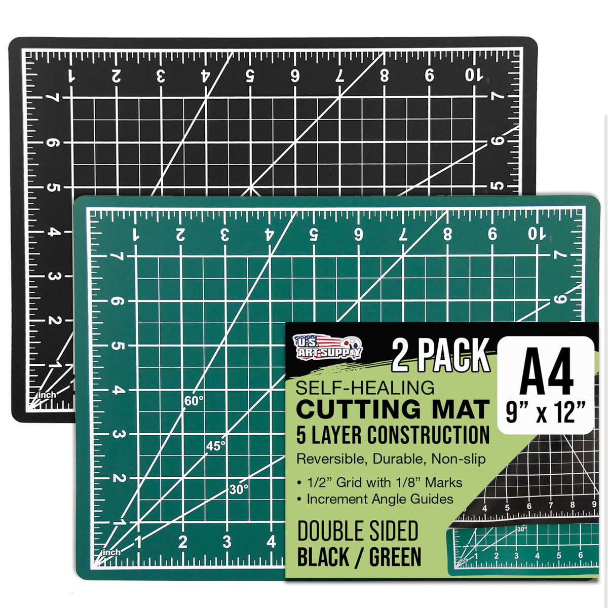 U.S. Art Supply 9" x 12" Self-Healing Cutting Mat 5-Ply (2 Pack) - Double-Sided Green/Black Craft Mat, Non-Slip Cutting Mats for Crafts, Sewing, Quilting, Scrapbooking