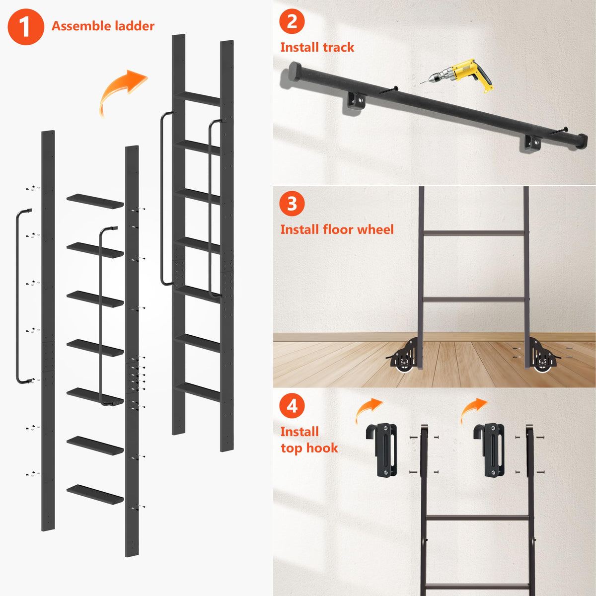 DIYHD 96" Lightweight Sliding Library Ladder with Handrail, Rolling Bookshelf Ladder with 4FT Rail System, Telescopic Top Hook, Upright Space-Saving Storage Design, 8 Steps, 300 Pound Capacity, Black