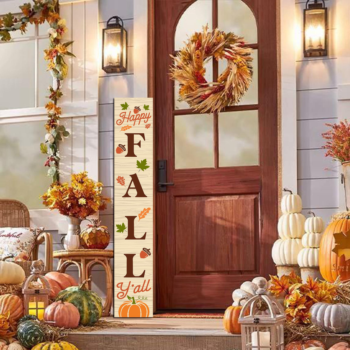 Happy Fall Sign Autumn Front Door Hanging Decor Welcome Sign Wooden Vertical Indoor Outdoor Standing Sign For Garden Home Yard Farmhouse Porch 47.2 x 7.8 Inch