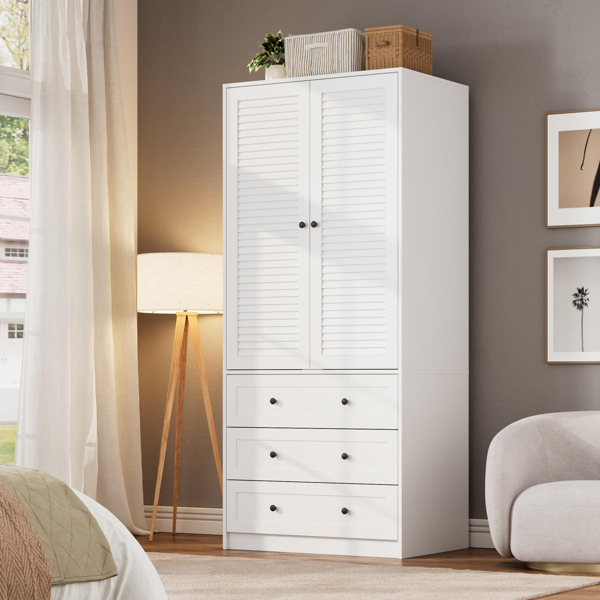 GarveeHome Armoire Wardrobe Closet with Drawers, 69.5 in Wooden Wardrobe Cabinet with Hanging Rod, 2 Doors Clothing Storage Cabinet for Bedroom, Large Capacity Storage, Louvered Door, White