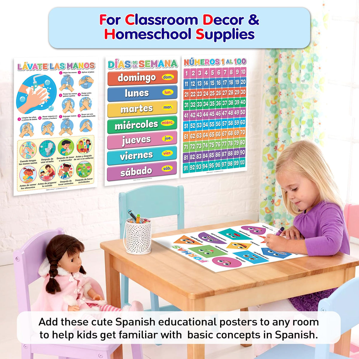 DeeDee's Workshop 16 Spanish Classroom Posters - Spanish Learning for Kids, Abecedario para Niños en Español, Days of the Week & Calendar