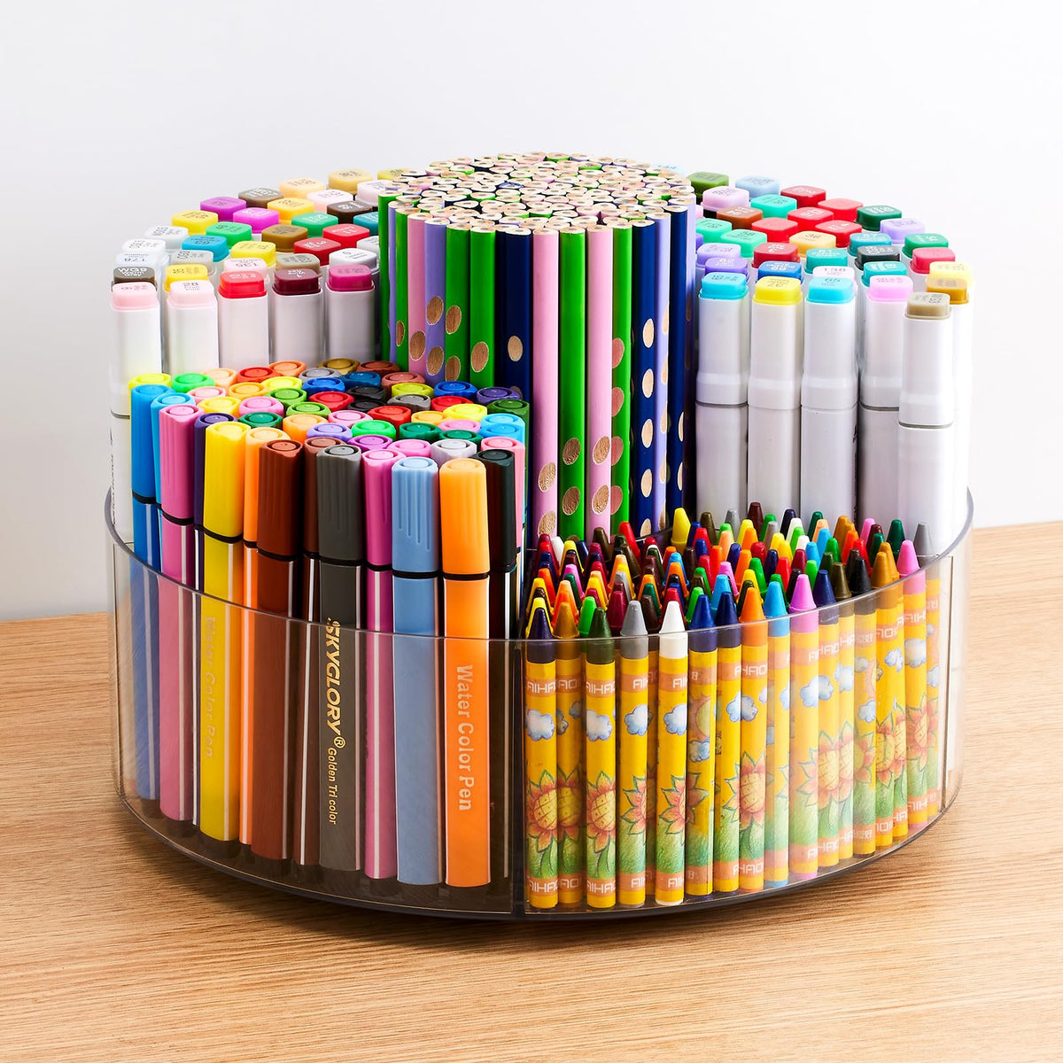 Flytreal Acrylic Pen Marker Organizer for Desk, 360-Degree Rotating Pencil Holder Crayon Art Supplies Storage Organizer, 6 Slots Clear Large Capcaity Spinning Caddy for Home Office School Kids