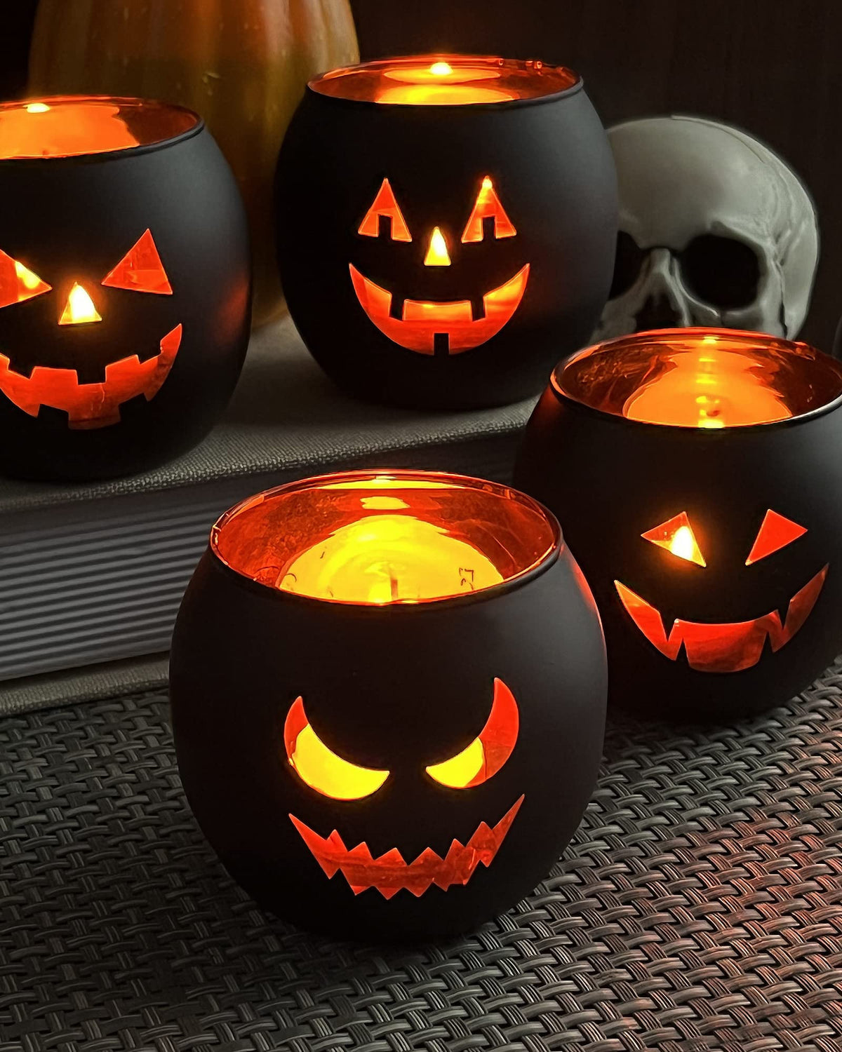 Halloween Table Decor Set of 6, Jack O Lanterns Black Glass Votive Tealight Candle Holders, Halloween Decorations Indoor Party Mantel Coffe Table Centerpiece Decor