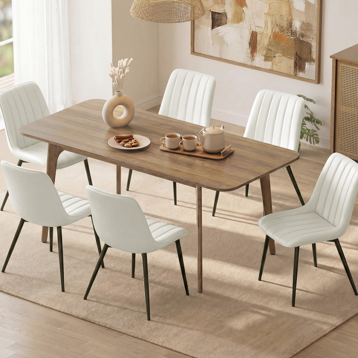 VASAGLE Dining Chairs Set of 6, Upholstered Kitchen Chairs, Synthetic Leather, Max. Load 264 lb, Steel Legs, Curved Backrest, for Dining Room, Cloud White and Ink Black ULDC090WH02-3J