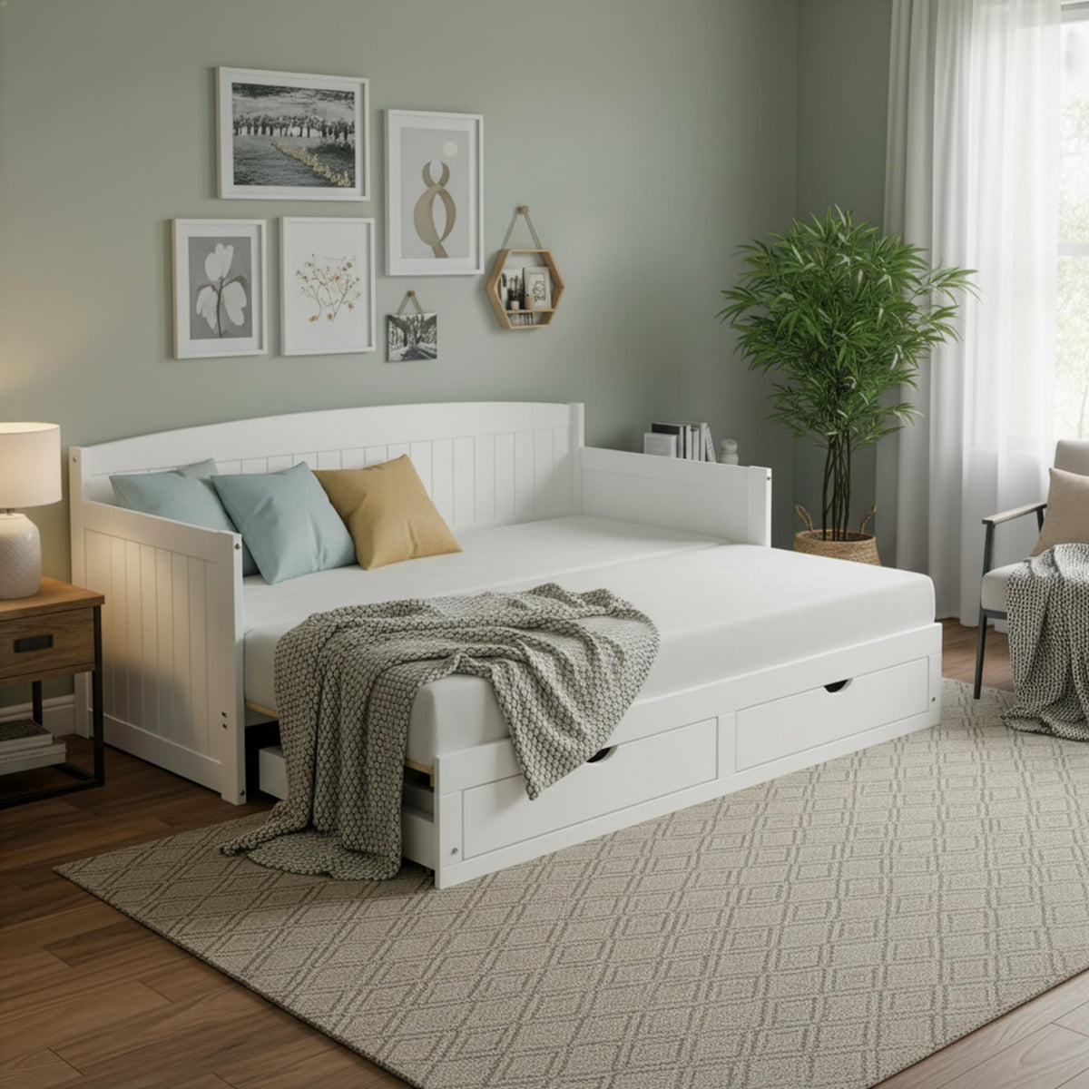 Alaterre Furniture Harmony Twin to King Daybed with Pop Up Trundle Bed - Solid Wood Twin Day Bed with 2 Pull-Out Storage Drawers and 400lb Capacity - For Kids, Guest Room, Living Room (White)