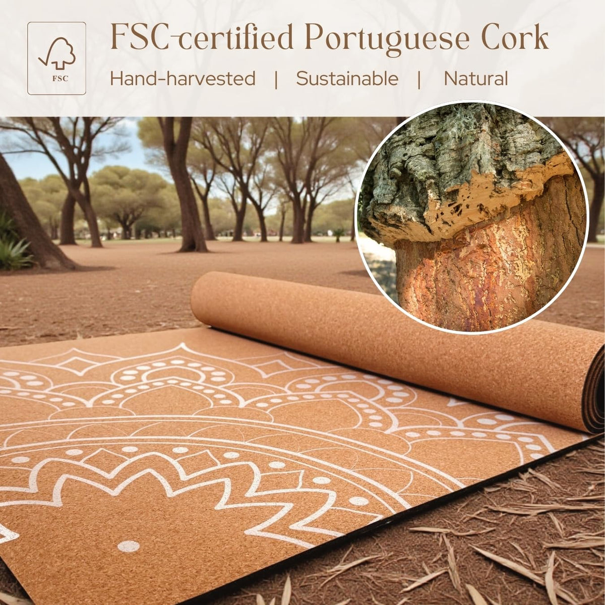 Boho Flow Aesthetic Cork Yoga Mat 72” x 26” – Elegant Signature Mandala Design on Quality Portuguese Cork with 5mm Solid Tree Rubber Base for Lasting Stability – Non Slip Grip, Odor Free and Non Toxic – Includes Carry Strap