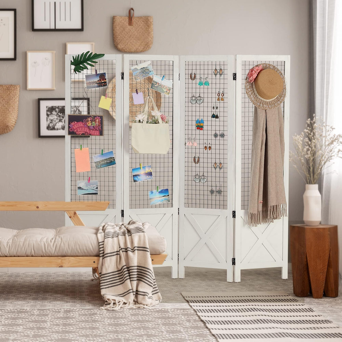 Wnutrees 4 Panel Gridwall Display, Portable Freestanding Display Board for Craft/Art Shows, Retail, Events, Decorative Wood Room Divider Folding Screens, White
