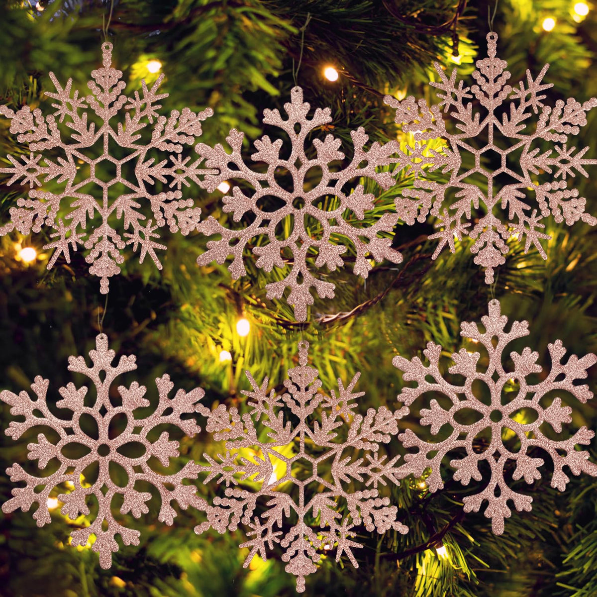 6pcs Large Snowflakes Ornaments Rose Gold 12” Big Plastic Glitter Snowflake for Winter Indoor Outdoor Christmas Tree Window Room Decorations Giant Craft Snowflakes