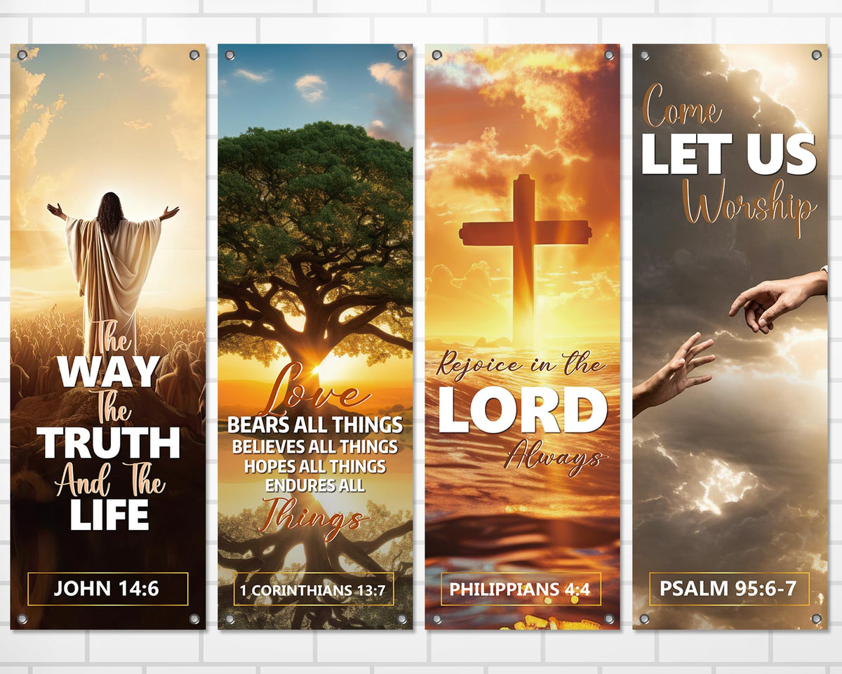 4Pcs Church Banners for Sanctuary Wall Welcome Religious Banners Hanging Backdrop Sanctuary Church Hanging Signs Bible Verses Banner Scripture Church Hanging Signs for Church School Decor