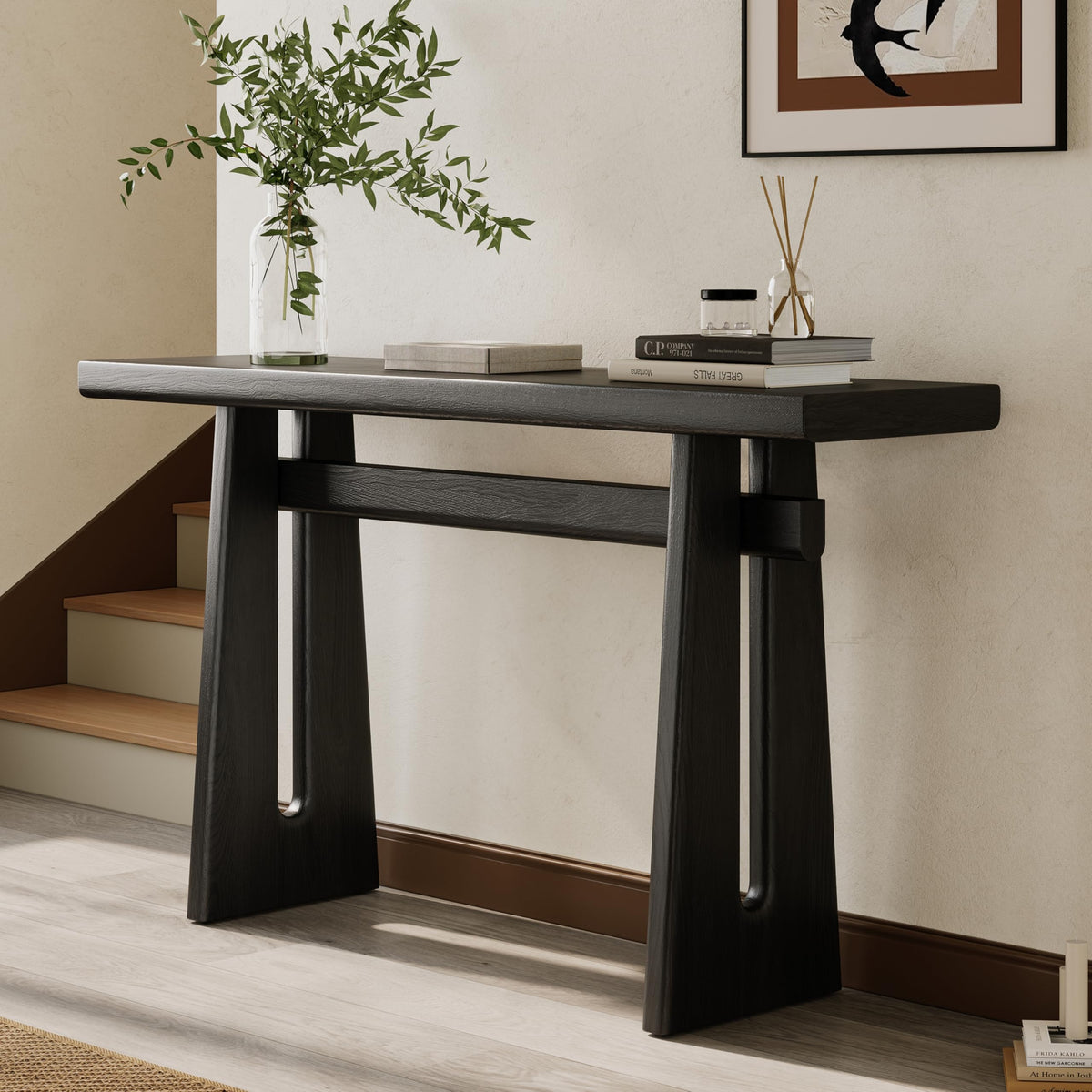 Christopher Knight Home Hirai Narrow Console Table with Geometric Silhouette, Entryway Table with Premium Wood Veneer Finish, MDF Wood Design Display Table for Home Decoration, Living Room, Black