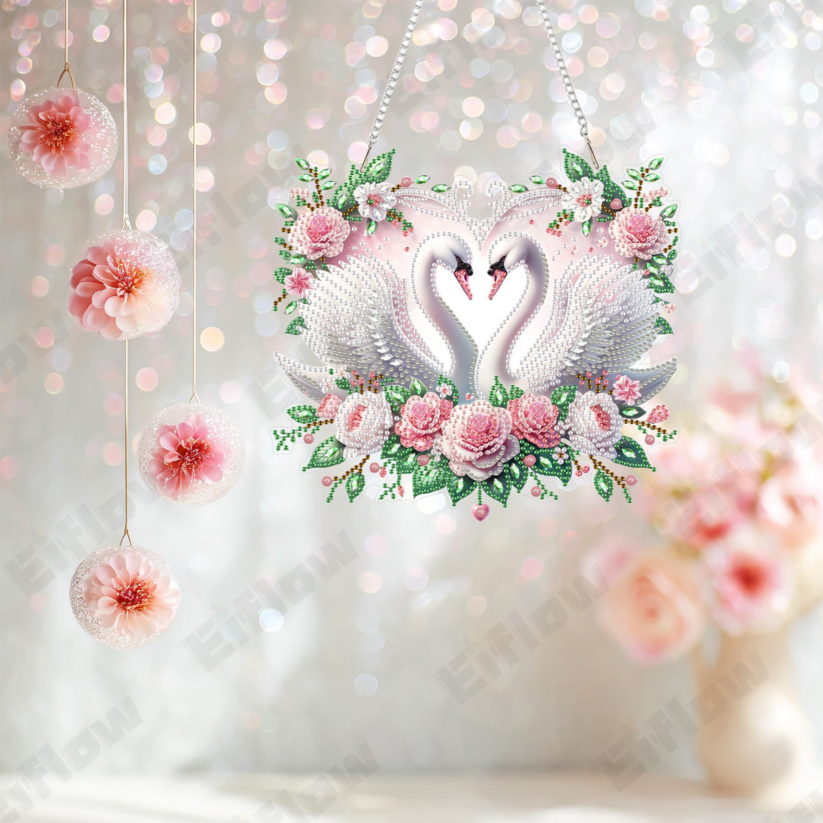 Eiflow Acrylic Diamond Art Hanging Kit for Adults Love, DIY Diamonds Painting Door Hanger Board Kit, Special Crystal Diamond Art Painting Pendant Ornament (Swans)