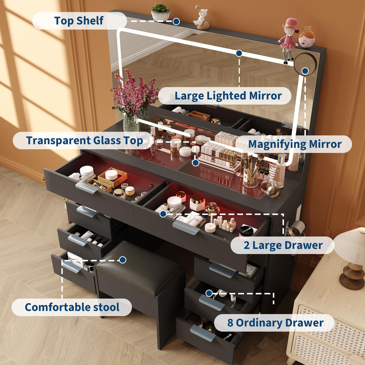 IDEALHOUSE Large Vanity Desk with Mirror, Clear Glass Top, Stool, LED Lights and Power Outlet, 45'' Width Makeup Vanity Table Set with 10 Drawers for Bedroom Dressing Room