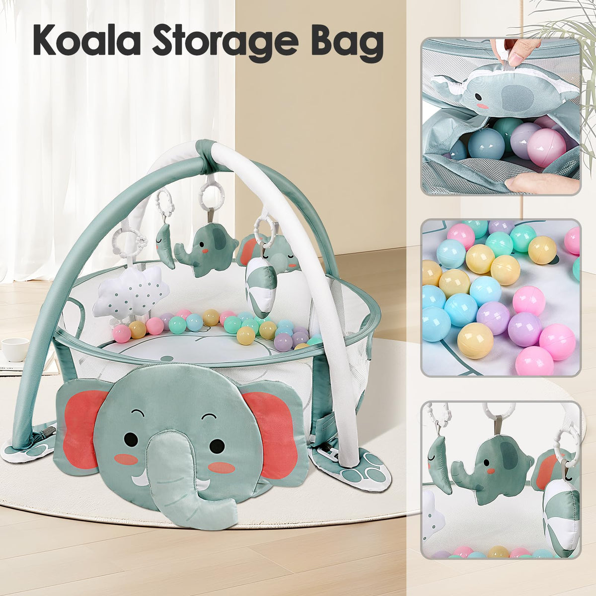dearlomum 4-in-1 Baby Play Mat Baby Gym,Ball Pit Including 30 Balls for Newborn Toddler Boy & Girl Gifts(Elephant)