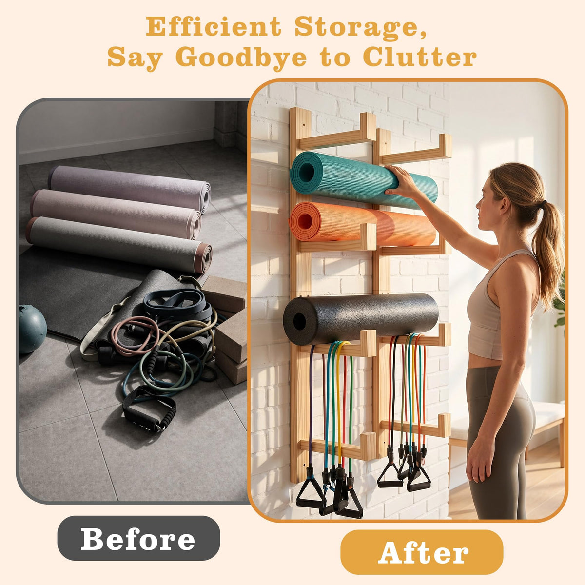 4-Tier Wooden Yoga Mat Holder Wall Mount, Yoga Mat Rack for Home Gym Organization, Wall Storage Hanger for Foam Roller and Fitness Accessories