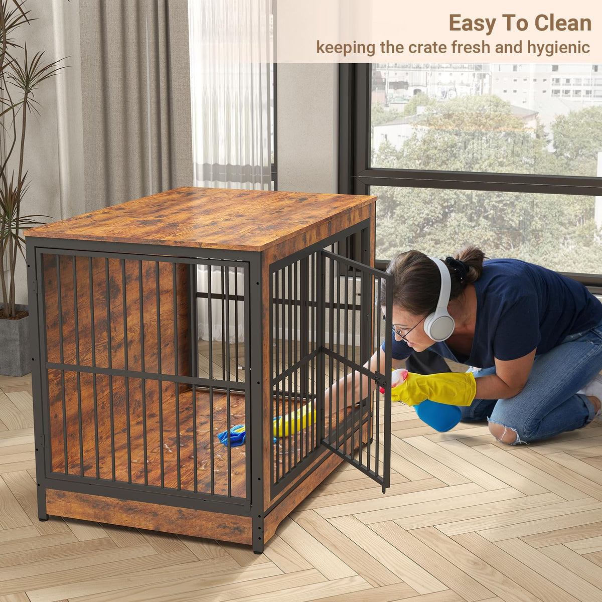 Rovibek Double Dog Crate Furniture, 86 Inch, 2 Dog Crate with Removable Divider & Trays, Furniture Style Dog Cage for 2 Dogs Indoor with Three Doors, Rustic Brown