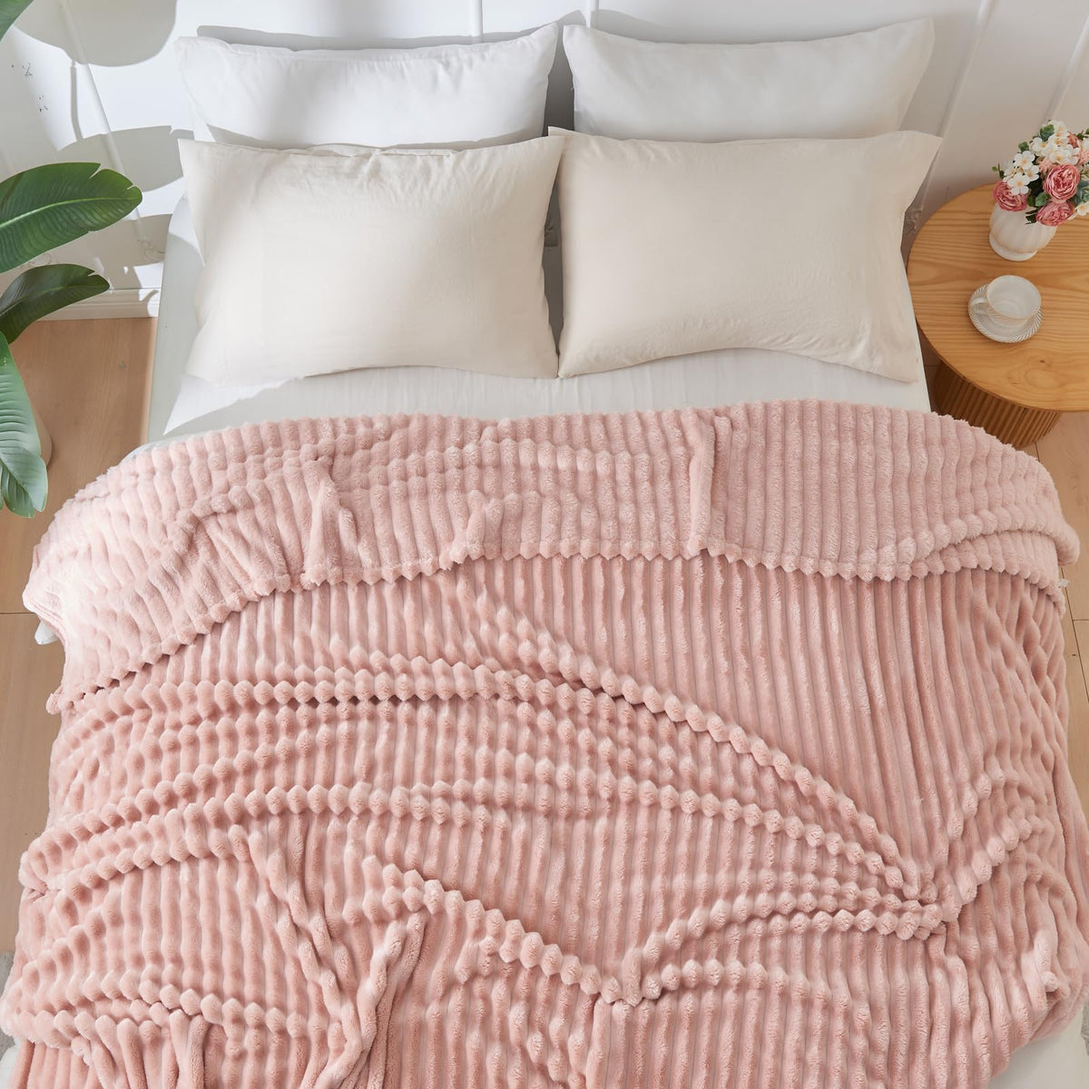 NEWCOSPLAY Super Soft Throw Blanket Pink Premium Silky Flannel Fleece 3D Ribbed Jacquard Lightweight Bed Blanket All Season Use (Pink Ribbed, Throw(50"x60"))